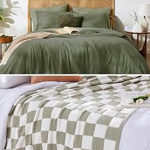 Olive Green Soft 7 Pieces Queen Comforter Set and Sage Green Checkered Throw Blanket 50x70 inch