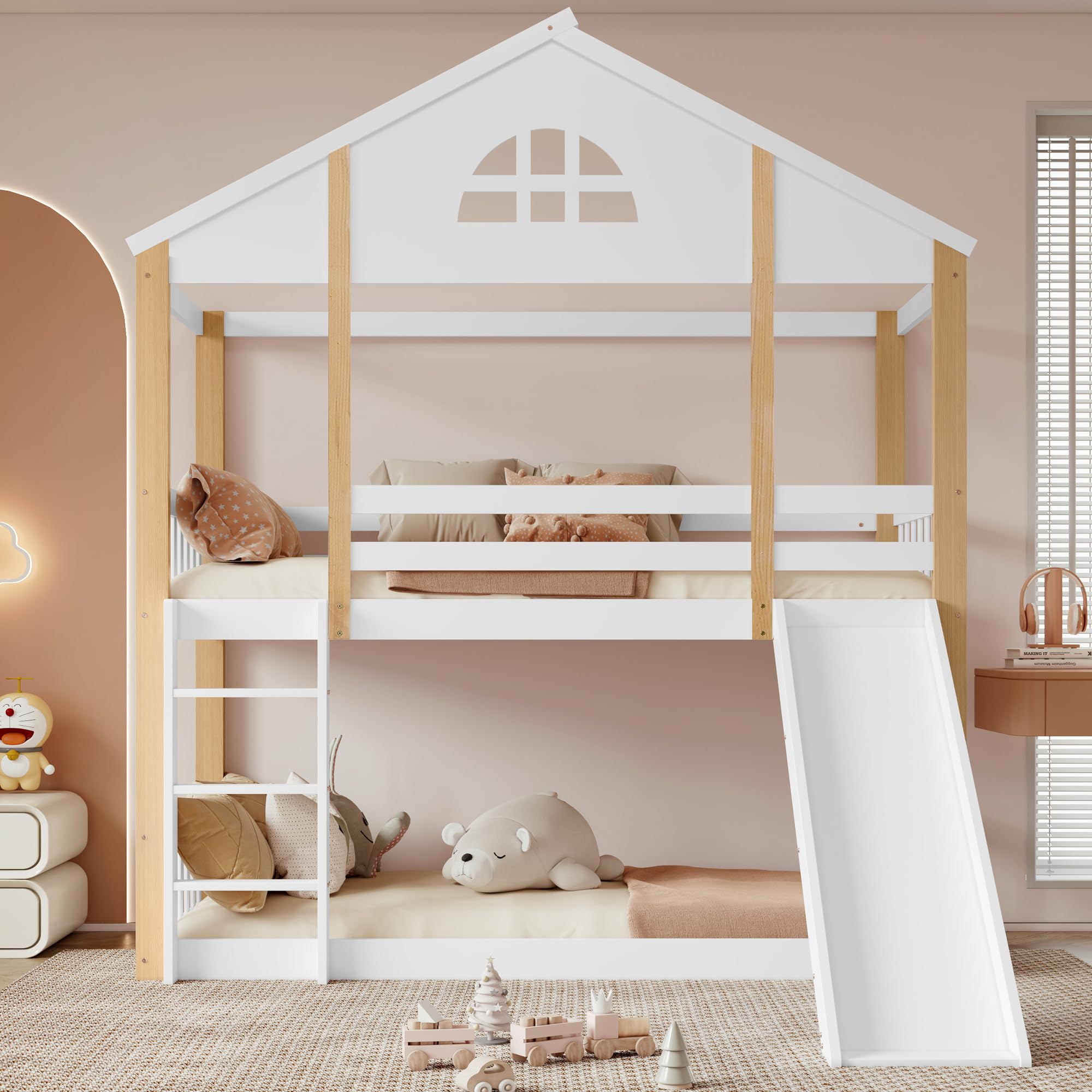 Soweiz Litera Infantil con Tobogán y Escalera, Cama Alta Casa de Madera, 90x200 cm