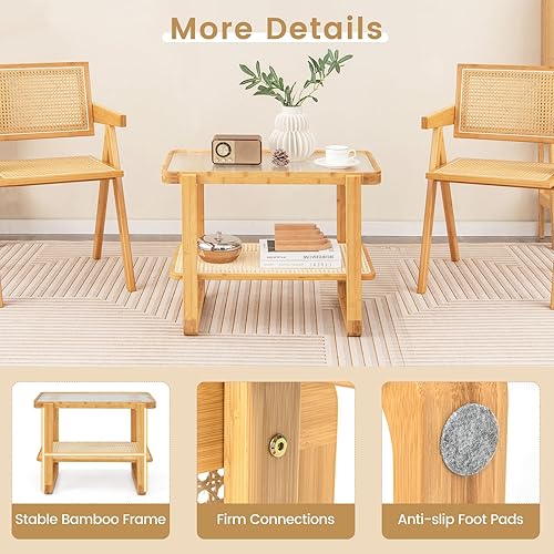 Miniatura 15 de GOFLAME Juego de 2 mesas auxiliares de ratán, mesa auxiliar en forma de Z con parte superior de vidrio templado, revistero, mesita de noche bohemia,