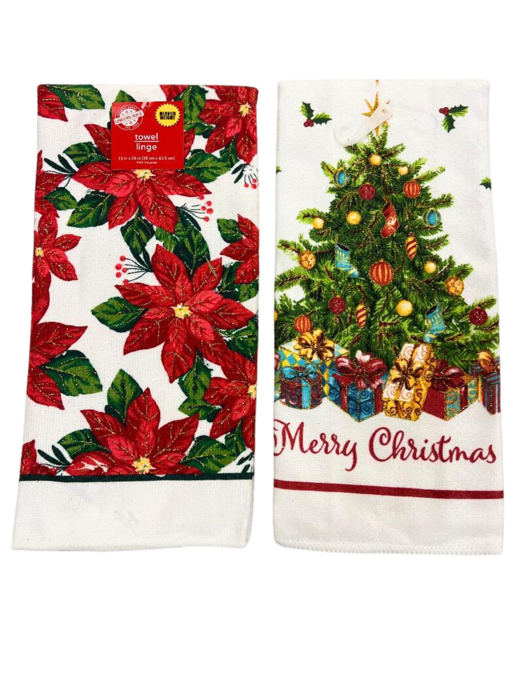 Greenbrier International Set of 2 Merry Christmas Kitchen Towels Hand Towels Dish Towels Winter Towels - Includes 1 Glitter Christmas Tree Towel and 1 Poinsettia Plant Flower Towel1
