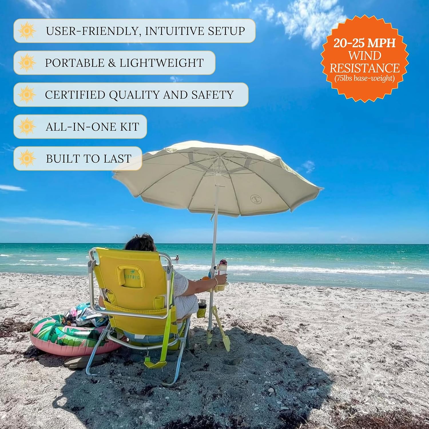 Anchor Works All-In-One Classic Beach Umbrella System - Secure & Wind-Resistant with Heavy-Duty Patented AnchorONE Sand Anchor, 7ft UPF 50+ Umbrella, Convenience Tray, Sand Spade & Carry Bag - ASTM F3681-24 Compliant