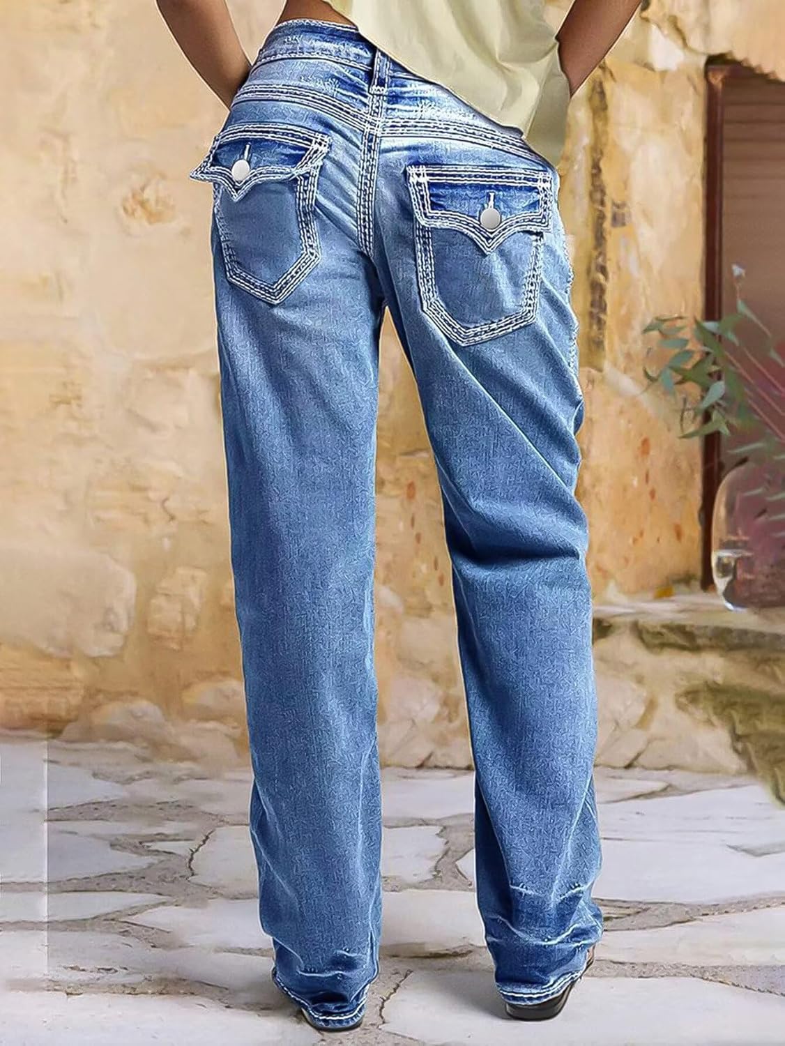 Flamingals Wide Leg Jeans for Women Mid Waist Baggy Stitch Decor Denim Washed Pants Without Belt