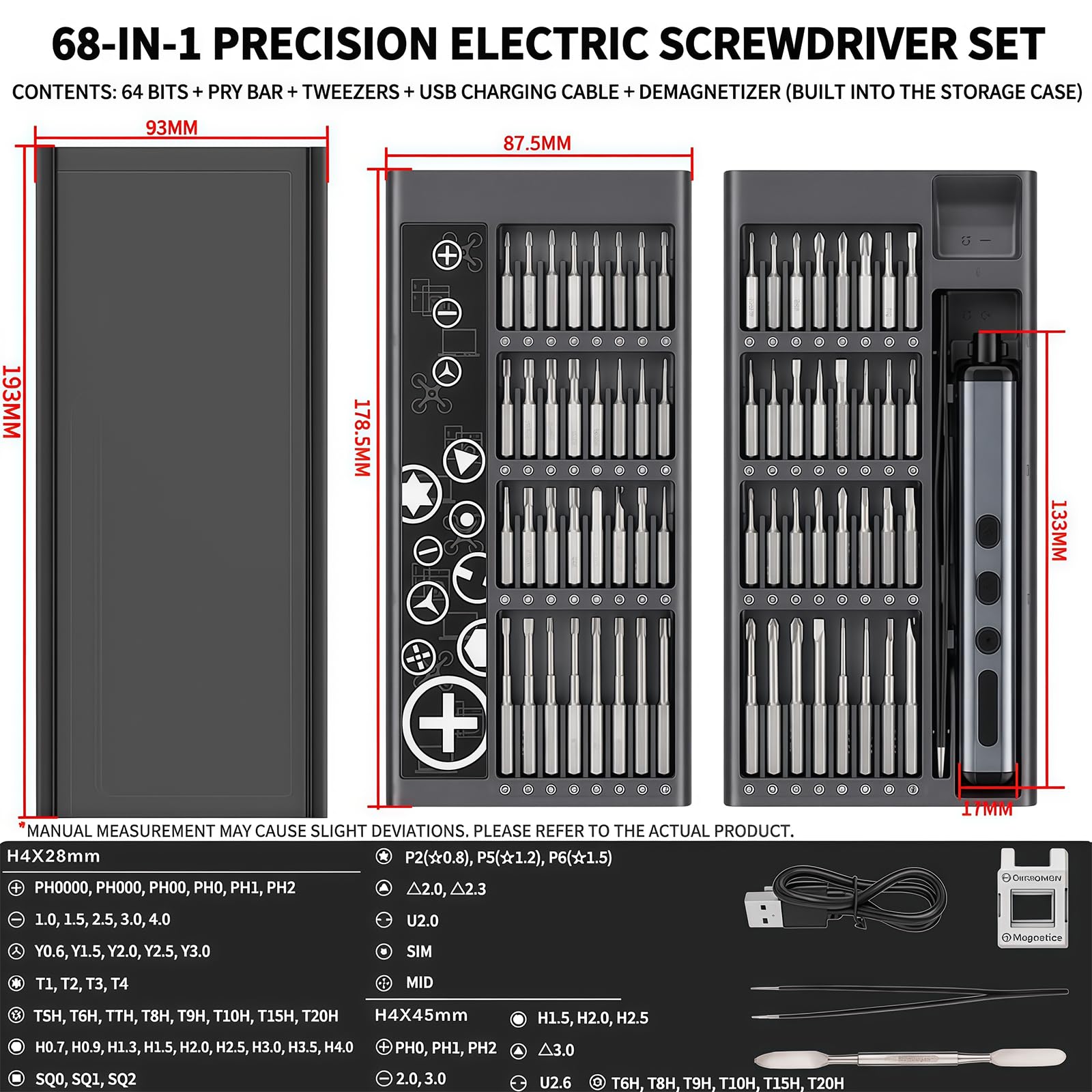 Juego de destornilladores eléctricos inalámbricos de precisión 68 en 1, kit de reparación de destornillador magnético recargable para teléfono, laptop, reloj, cámara y electrónica pequeña (juego 68 en