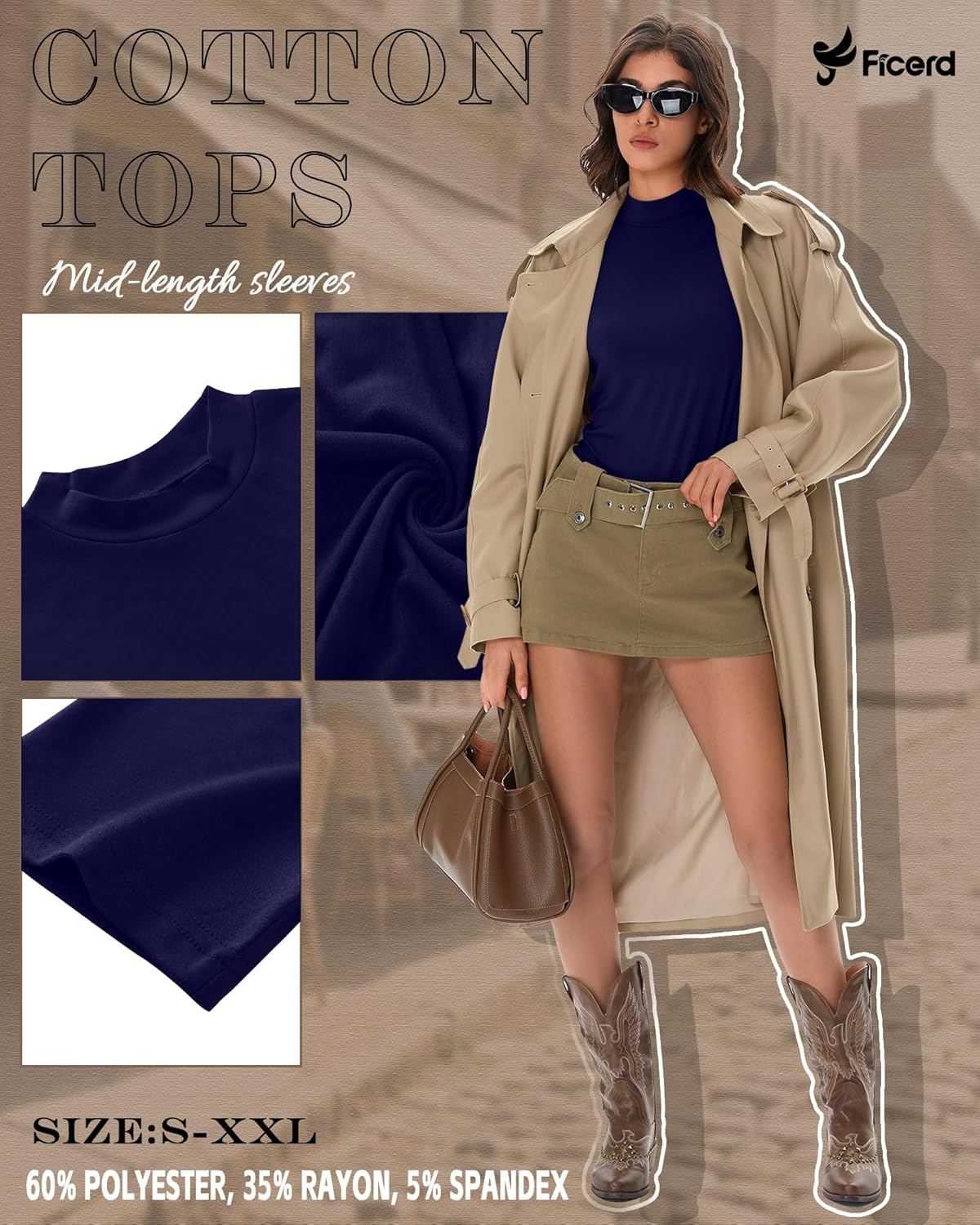 Ficerd 3 Pack Women's Mock Turtleneck T-Shirts 1/2 Half Sleeve Dressy Casual Tunic Tops Slim Fit Summer Basic Tee Shirts 2026 - Image 5