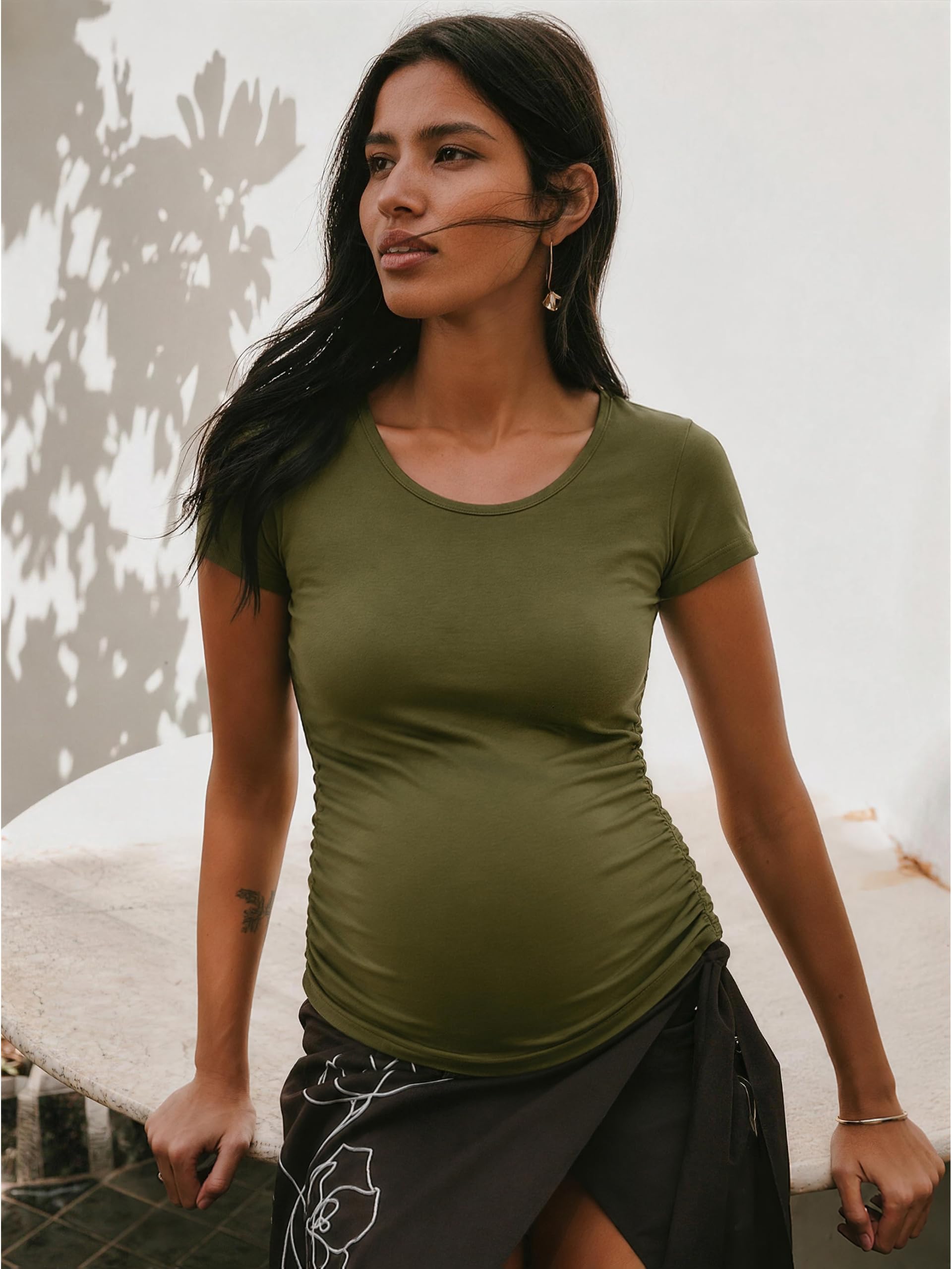 Lot de 3 t-shirts de maternité à manches courtes pour femme, noir + gris + vert armée, M