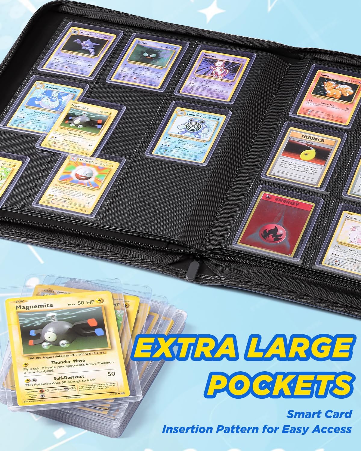 Raccoglitore per carte collezionabili con 9 tasche, con cerniera, double-face, 252 Toploader per TCG, MTG, carte sportive (blu)