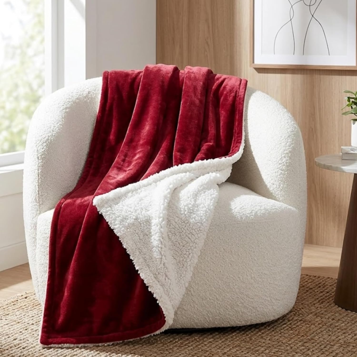 Internet's Best Plush Reversible Sherpa Throw Blankets - Burgundy (Red) - Ultra Soft Couch Blanket - Light Weight Sofa Throw - 100% Microfiber Polyester - Easy Travel - Bed - 50 x 60
