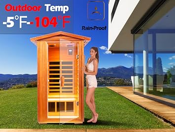 LTCCDSS Outdoor Mahogany Sauna 1 Person, Low EMF Far Infrared Sauna for Home, Withstand Outdoor Temp -10F-149F| EMF Readings Below 0.5mG, 9 Low EMF Boards-Chromotherapy-Bluetooth Speaker