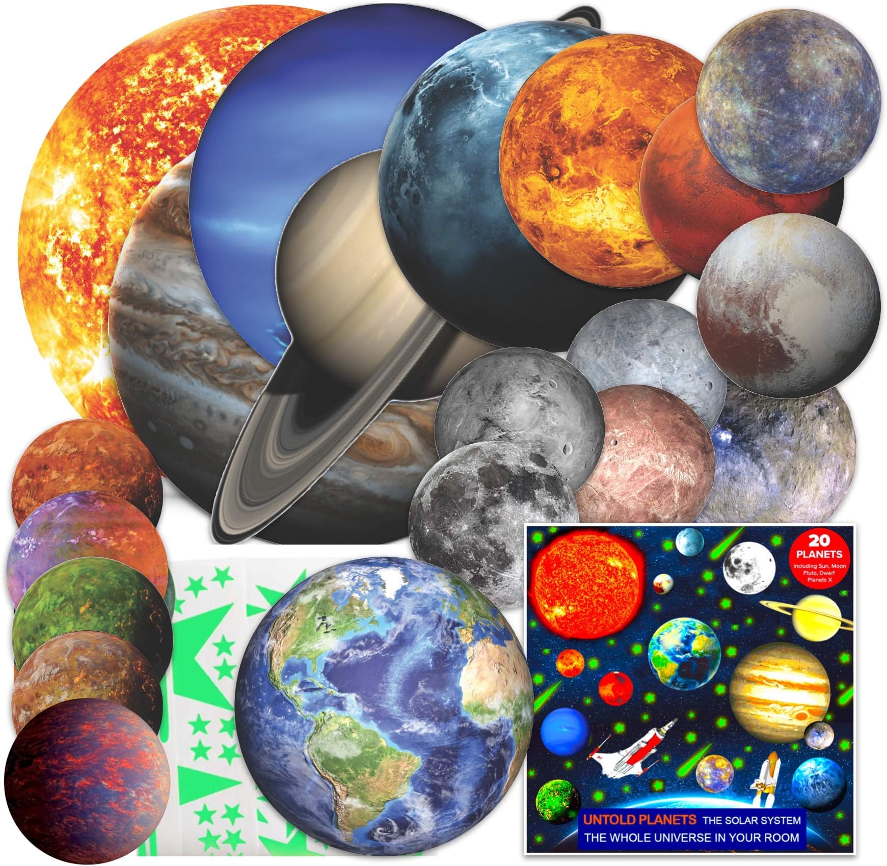 UNTOLD PLANETS 200+PCS Glow in The Dark Stars and for Ceiling, 3D Realistic NASA Space Decor Dwarf Pluto Moon Sun Glow in The Dark Stars, Solar System for Kids Wall Decals, Boys Room Decor
