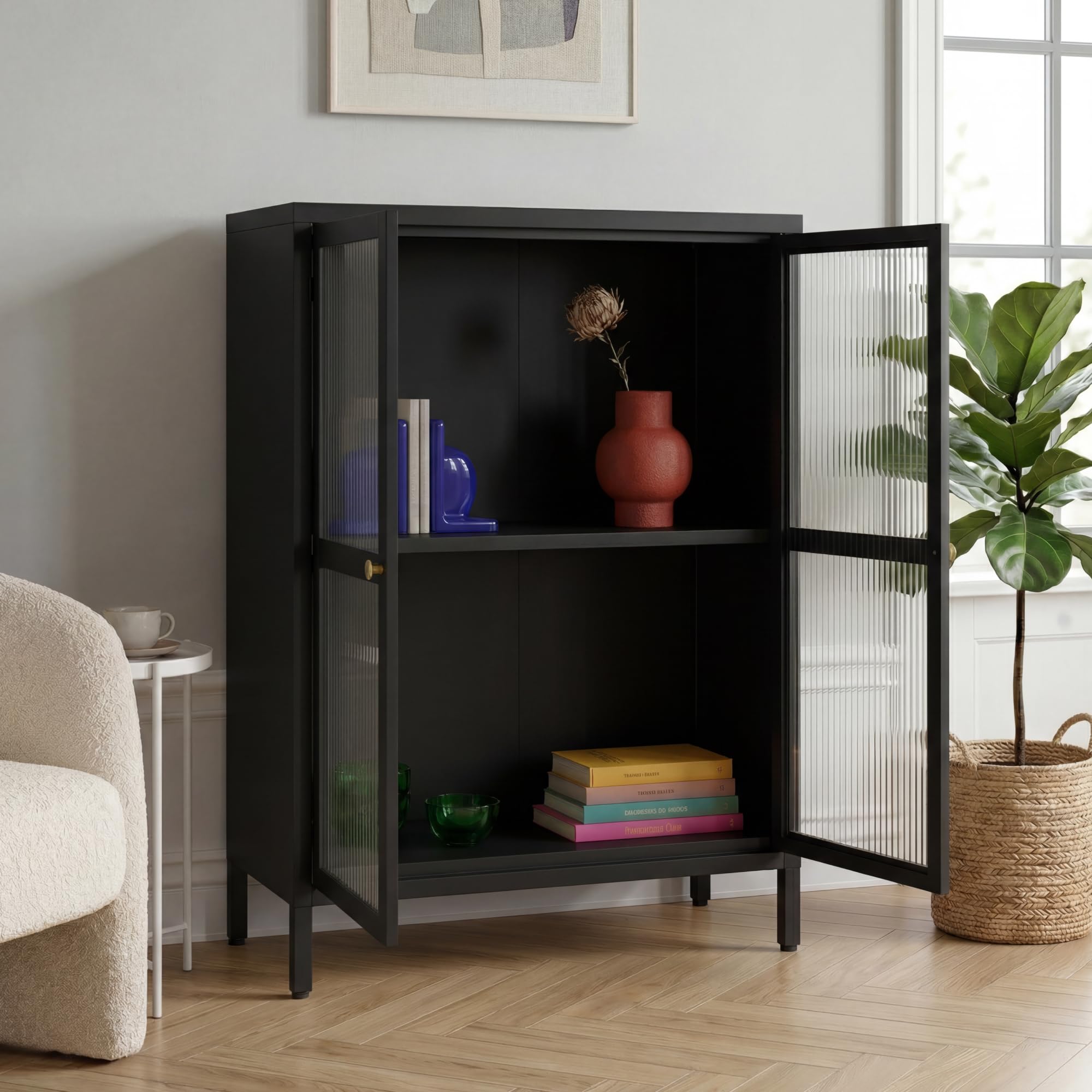 [en.casa] Comò con Ante in Vetro Scanalato Credenza in Acciaio per Soggiorno Mobile Vetrinetta con Scomparto Diviso 84x64x35 cm Nero