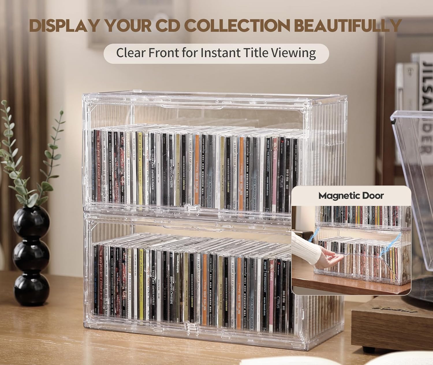 Beveetio 2-Pack Clear CD Storage Box, Stackable CD Case Holder with Full-View Design, Hard Cases for Easy Title Viewing, Holds Up to 68 Standard Cases-14.6×6.3×7.1 in