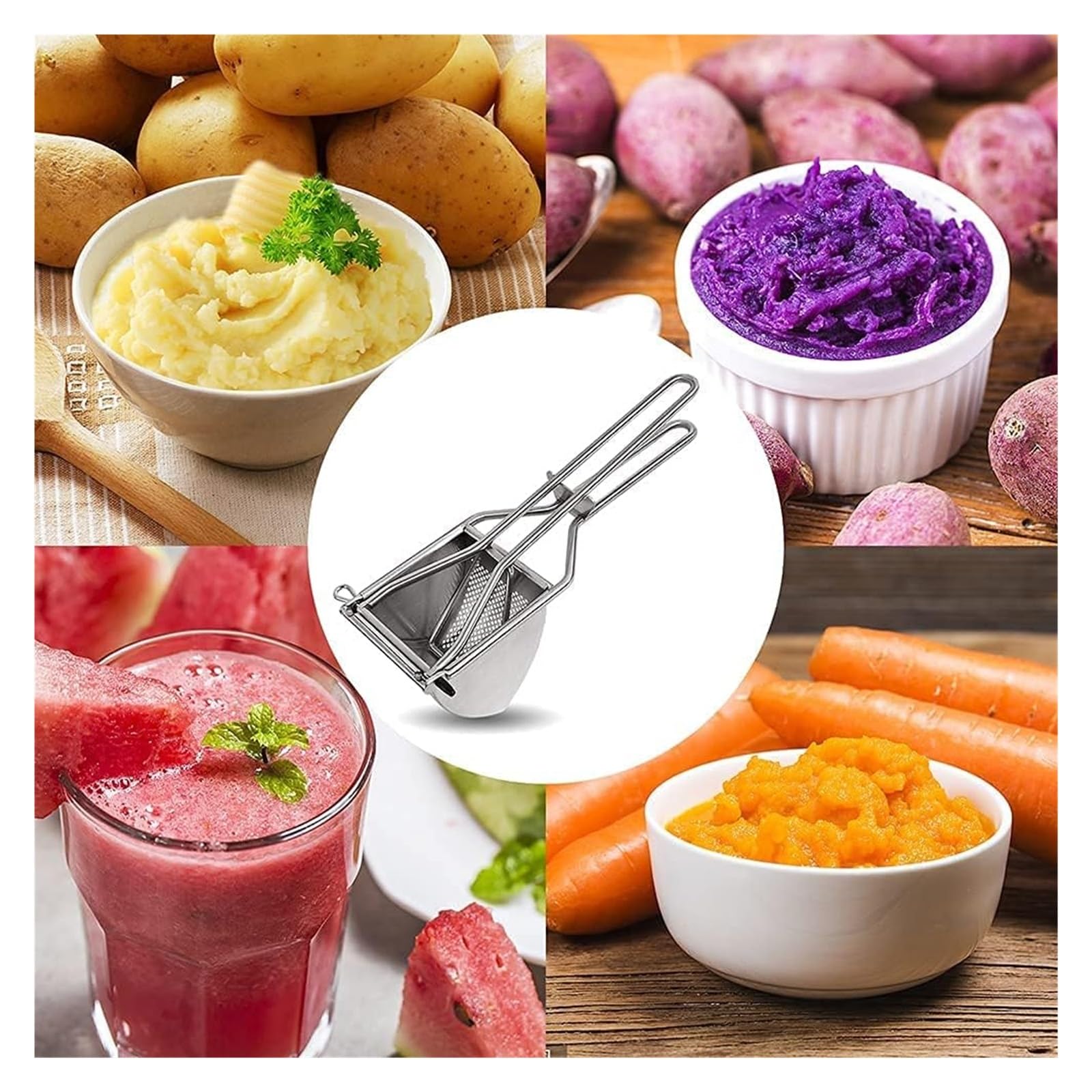 Kartoffelbrecher, Kartoffel-Reismaschinen, Edelstahl-Kartoffelpresse, Kartoffelstampfer, Quetscher, Lebensmittelsieb, Presssieb, Lebensmittelpresse und Zitronenpresse, Saftbereiter, hygienisch und lei
