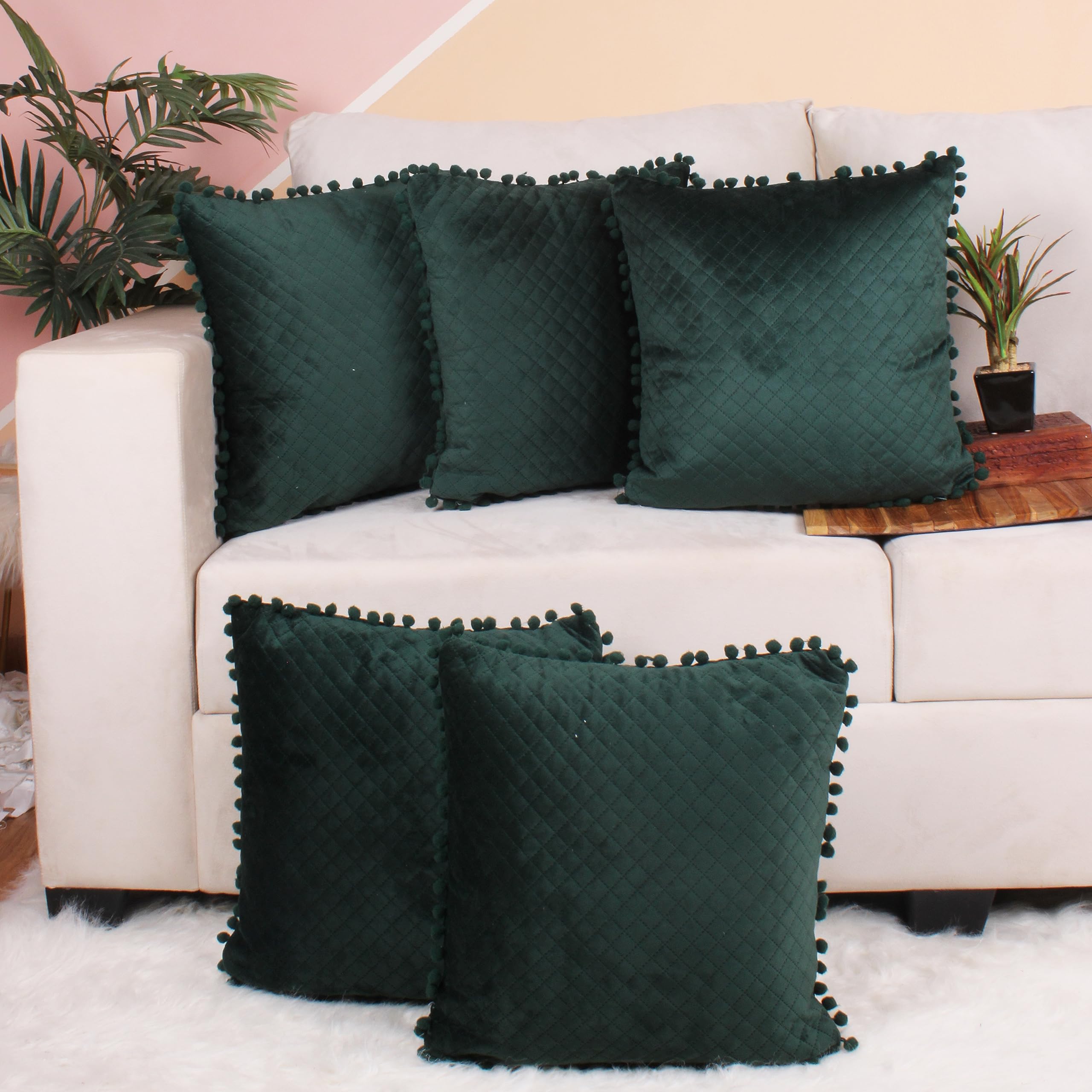 STITCHNESTBoth Side with Pompom Quilted Velvet Cushion Cover Set of 5 (24 x 24 Inches)