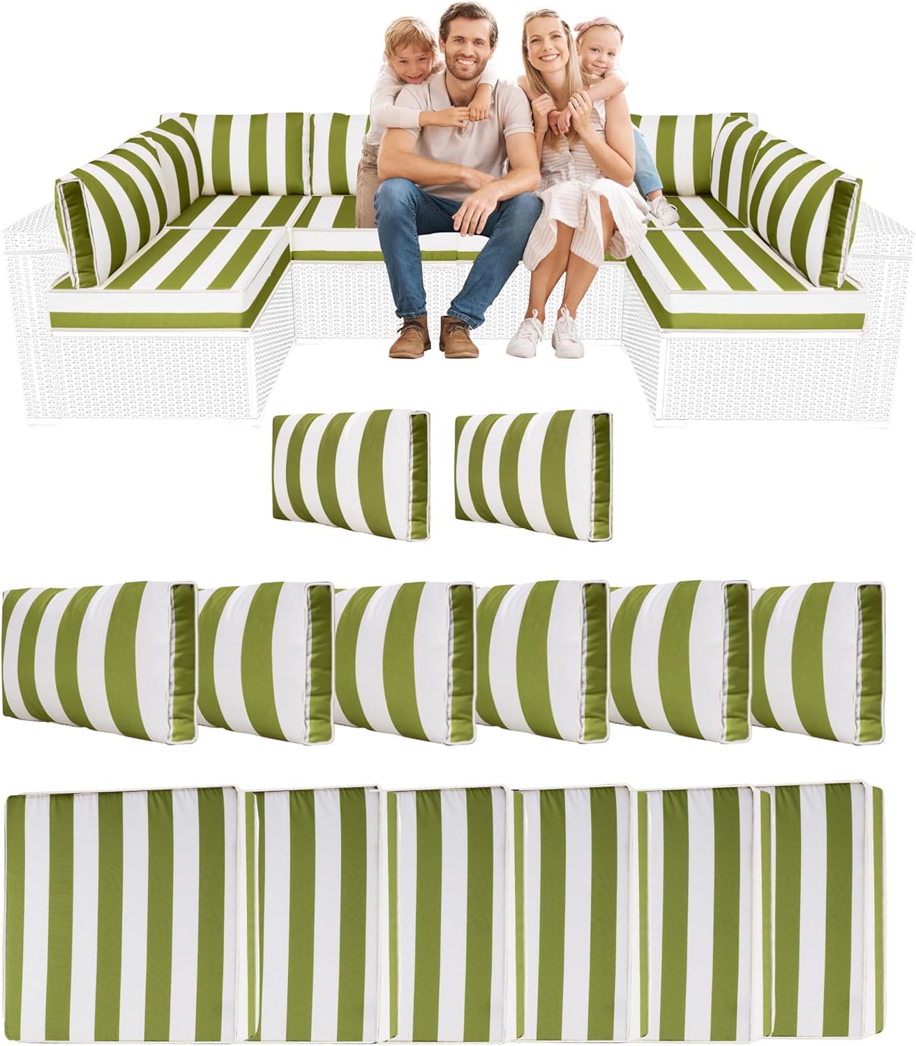 14 Piece Outdoor Sectional Cushions, Water-Resistant Outdoor Sofa Cushions Replacement, 4" High Density Foam Patio Furniture Cushions Fits 6-seat Rattan Conversation Set (Grass Green White Stripes)