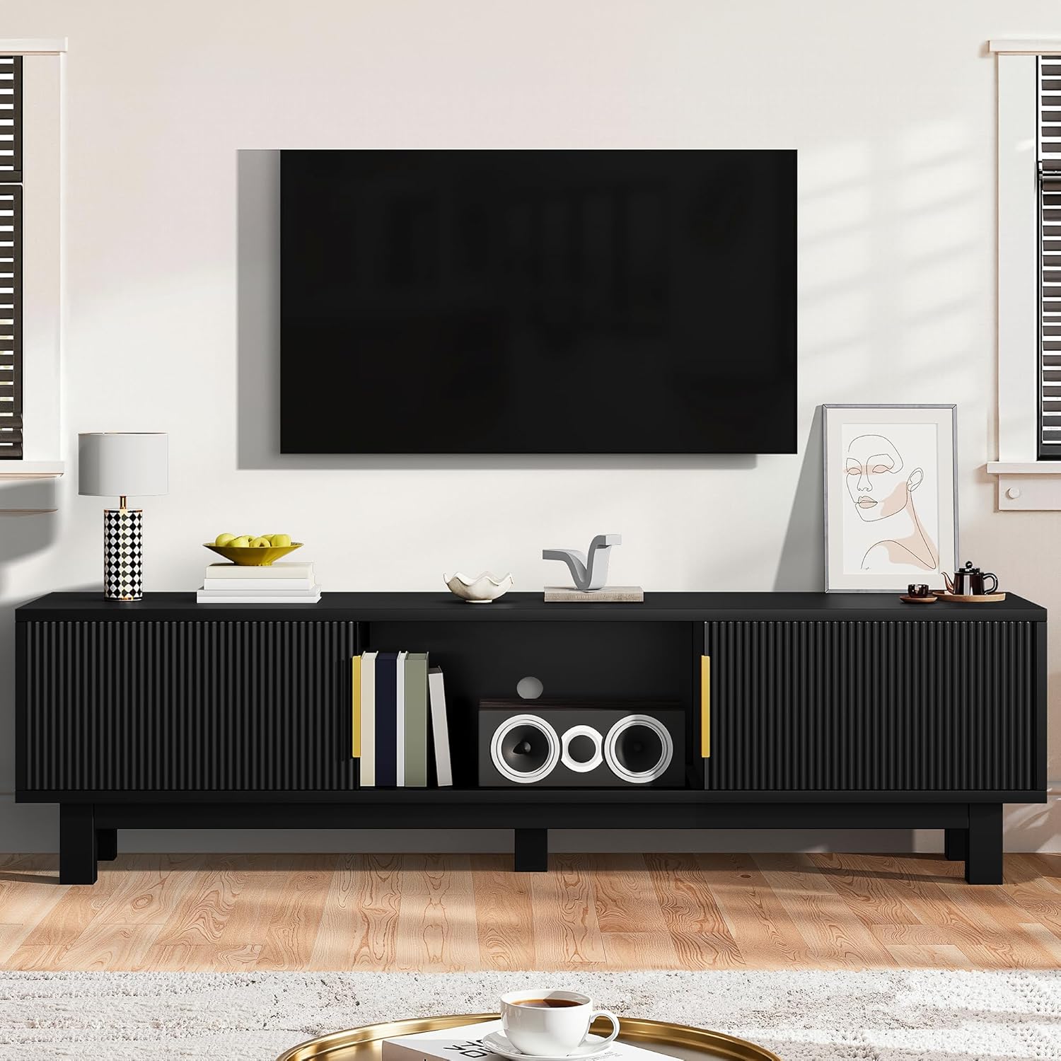 DWVO Fluted TV Stands for Living Room, Entertainment Center for TVs up to 65 Inch, Mid Century Modern Media Console with Power Outlets & Storage Compartments, 59" Long TV Cabinet, Black