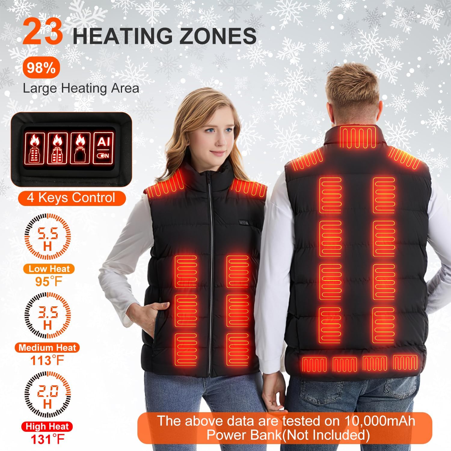 KOCASO Heated Vest for Men & Women - 23 Heating Zones 3 Heat Levels USB Powered Heated Jackets for Men