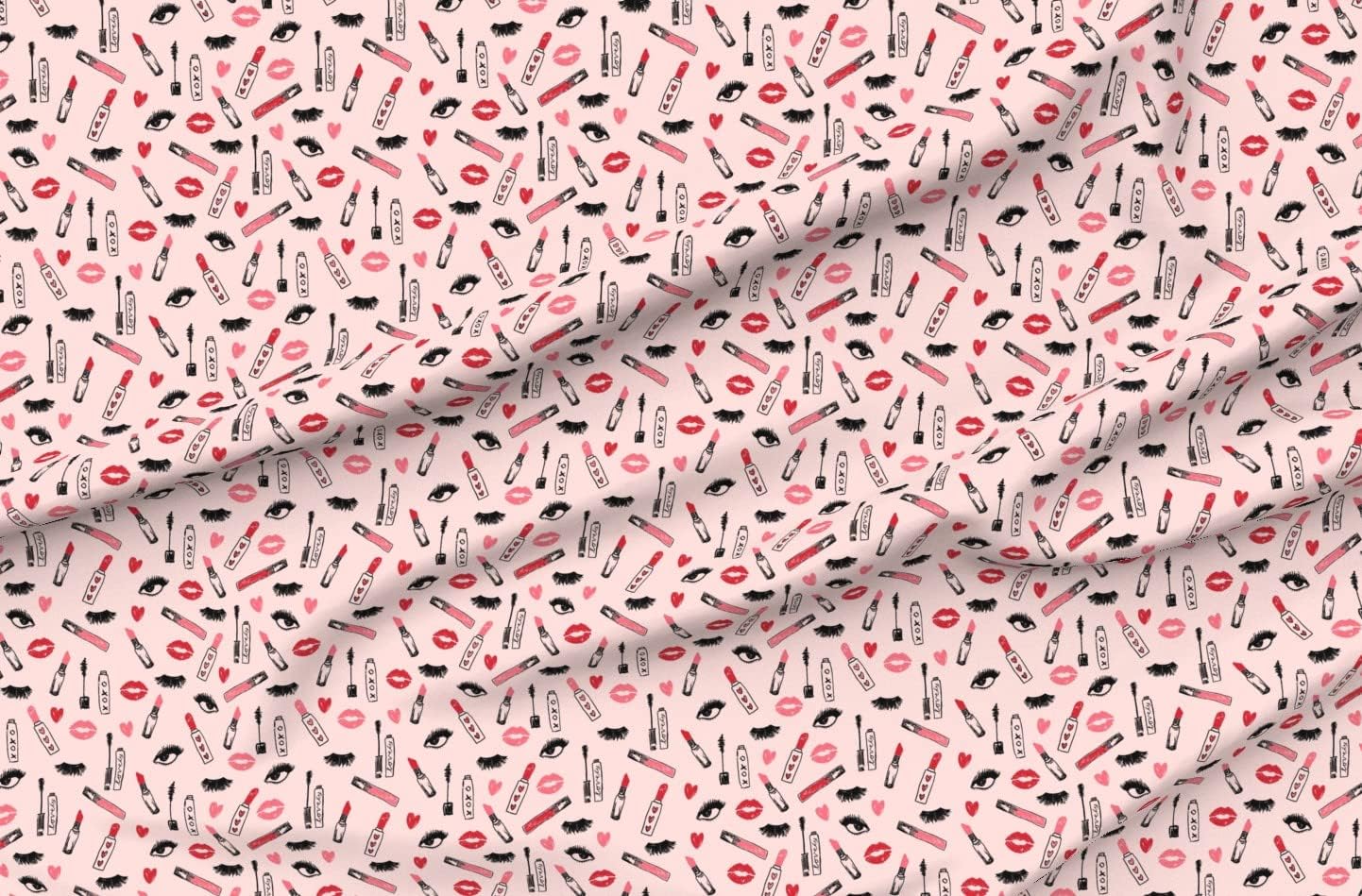 Spoonflower Fabric - Makeup Lipstick Eyelashes Beauty Valentines Day Pink Kiss Lips Eyes Printed on Organic Cotton Sateen Fabric by The Yard - Sewing Quilting Apparel Home Decor