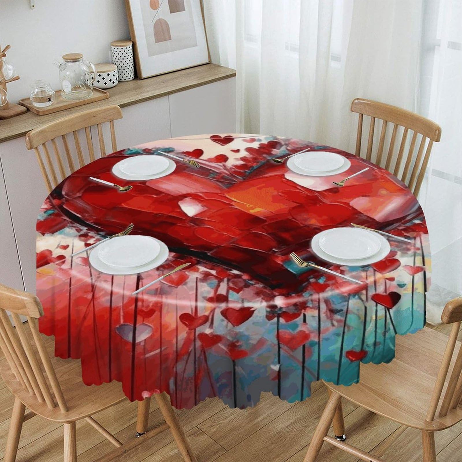 VstaDank Abstract Heart Round Tablecloth 60 Inch Easy to Clean Circle Table Cover Thick Decorative Round Polyester Table Cloth for Dining Kitchen Party Farmhouse Outdoor