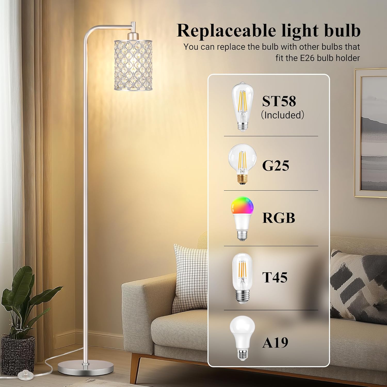 QiMH Industrial Floor Lamp for Living Room, Modern Standing Lamp with Crystal Lampshade Pedal Switch, 67” Tall Lamp for Bedroom Study Room, Silver (2700K LED Bulb Included)