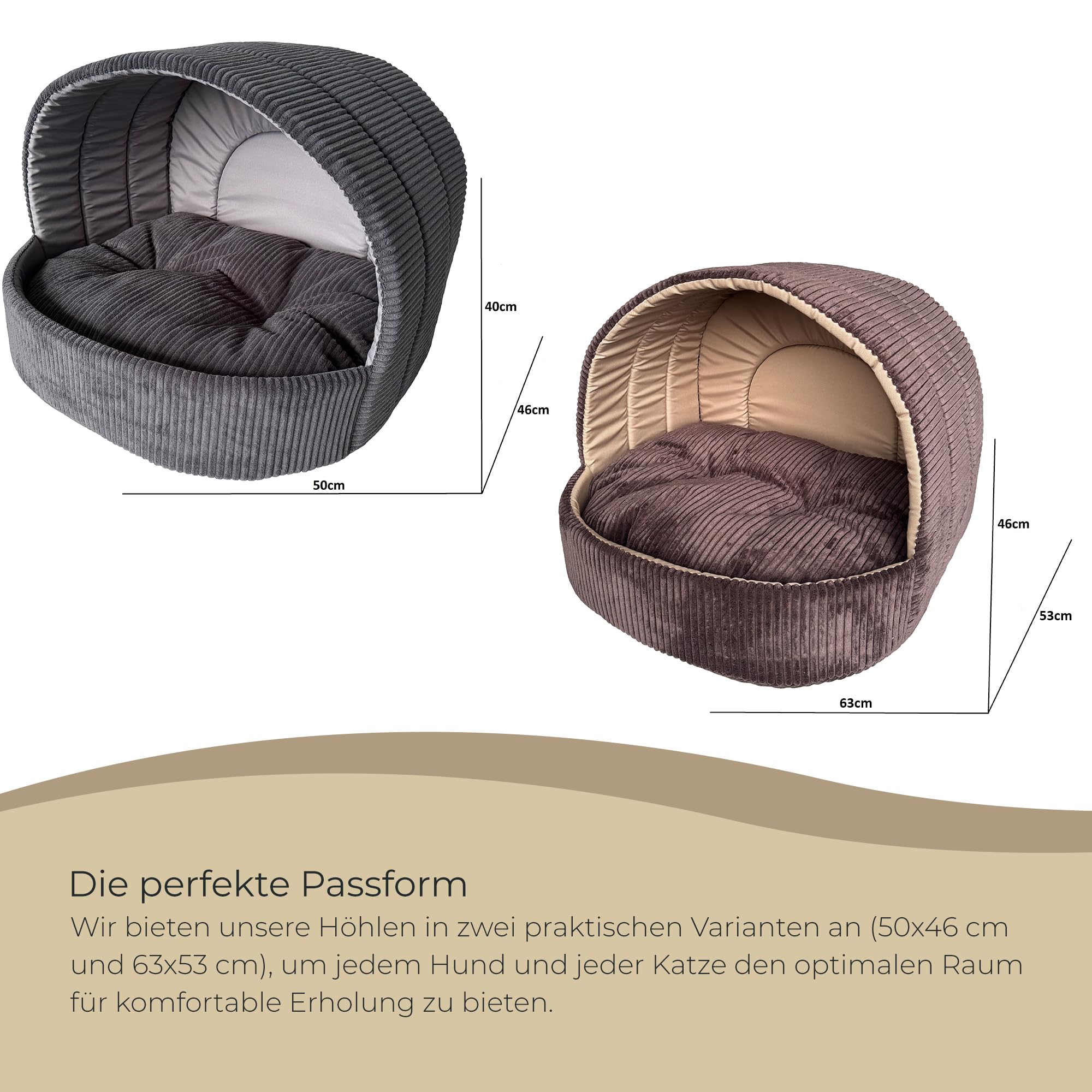 Hundehöhle und Katzenhöhle 63 x 53 cm - Weiches Hundebett und Katzenbett mit Cord-Struktur - Kuscheliger Rückzugsort für kleine Hunde, Welpen und Katzen - Braun