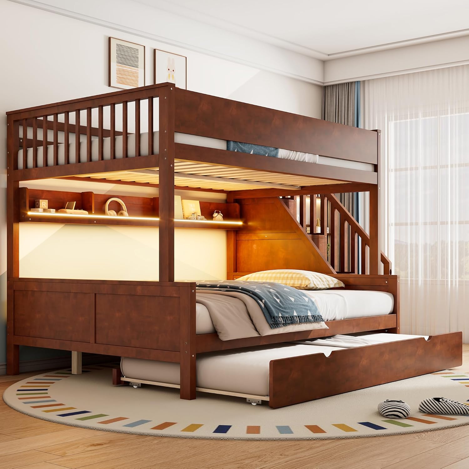 SOFTSEA Full XL Over Queen Bunk Bed with Trundle and Storage Stairs, Solid Wood Bunk Bed Frame with Shelves & LED Lights, Heavy Duty Bunk Beds with Guardrails for Kids Teens Adults, Walnut
