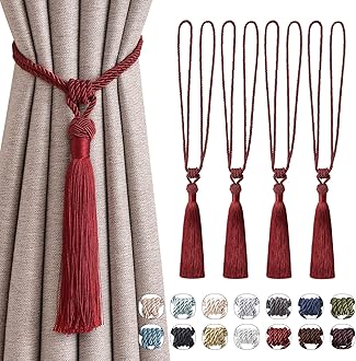 Pretty Jolly 4 Pack Long Tassel Curtain Tiebacks Handmade Braided Rope Knot Drape Tie Backs European Style Decorative Curtain Holdbacks for Home & Office Window Drapery (Wine Red)