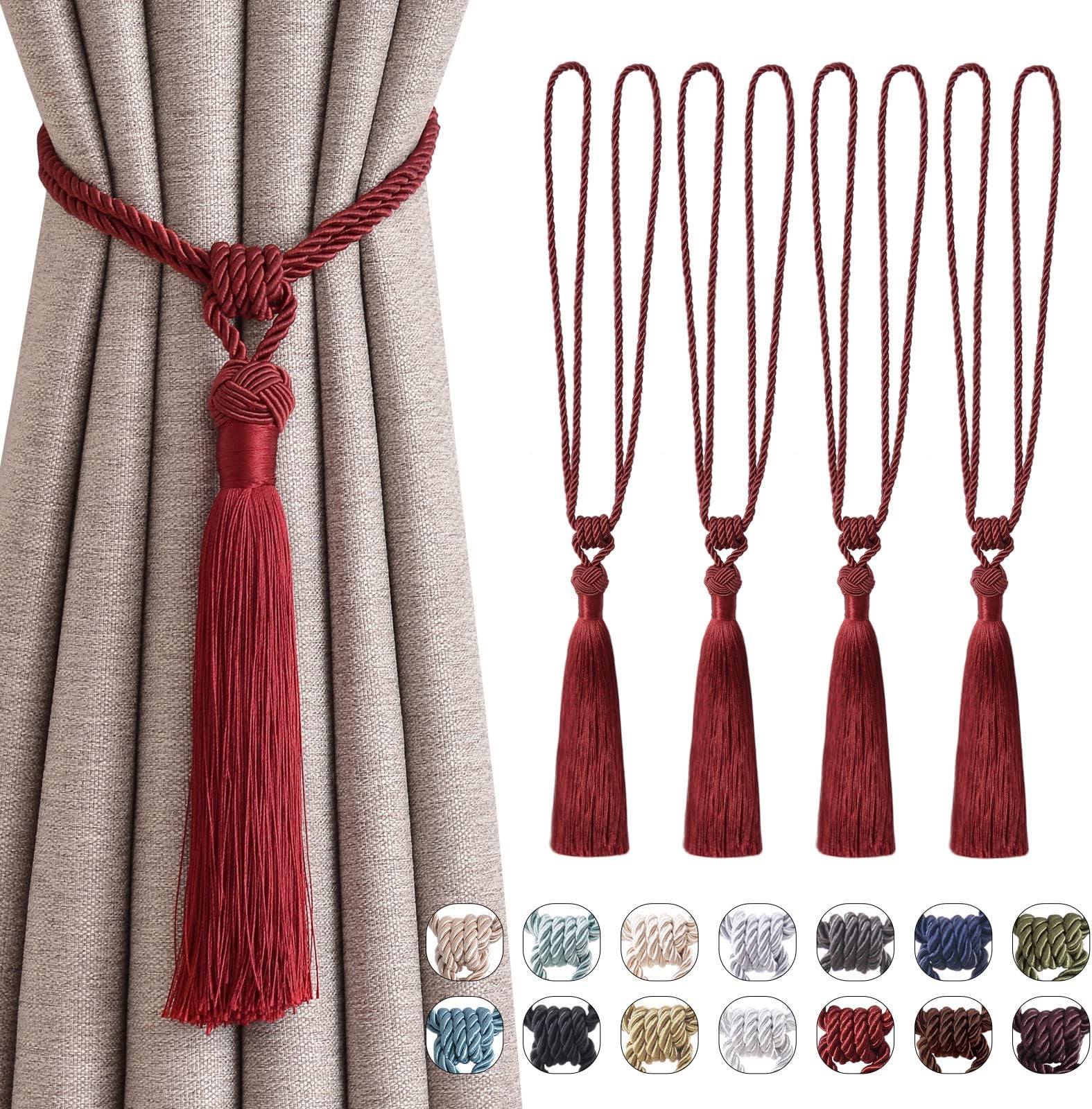 Pretty Jolly 4 Pack Long Tassel Curtain Tiebacks Handmade Braided Rope Knot Drape Tie Backs European Style Decorative Curtain Holdbacks for Home & Office Window Drapery (Wine Red)