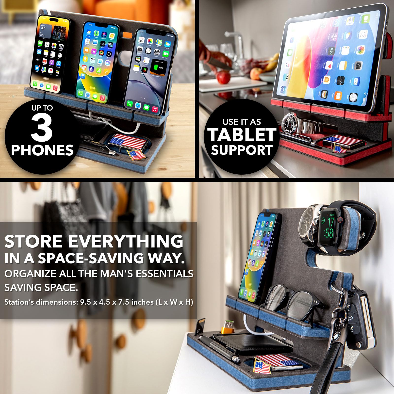 GRETAOTO Estación de Carga de Madera Personalizado para Movil, Tableta, Cartera, Gadgets, Reloj, Llaves, Organizador Escritorio,Soporte Escritorio de Trabajo, Mesita de Noche, Regalos para Hombre