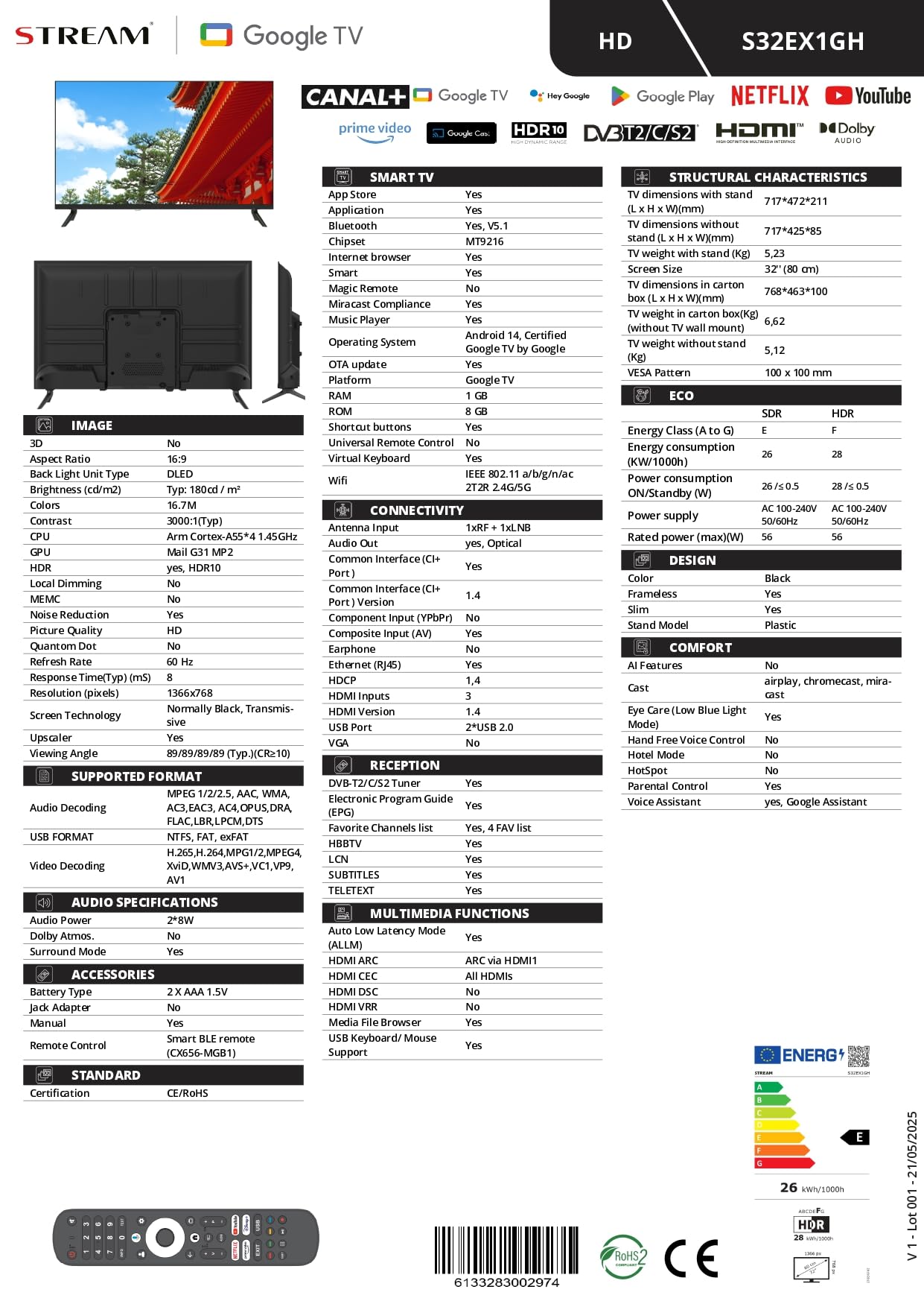 Stream System - Google TV Smart 32", 5 Años de Garantía, HD Ready, HDR10, Frameless (Sin Marco), Asistente de Google, Chromecast Integrado - Modelo S32EX1GH (2026)