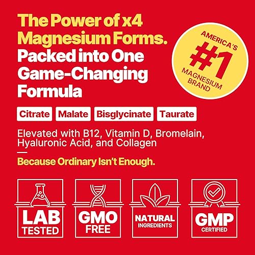 Miniatura 6 de Complejo de magnesio 4X 200 mg + glicinato de magnesio + citrato + B12 alta absorción + taurato + malato + bromelina + colágeno (tipo II) + ácido