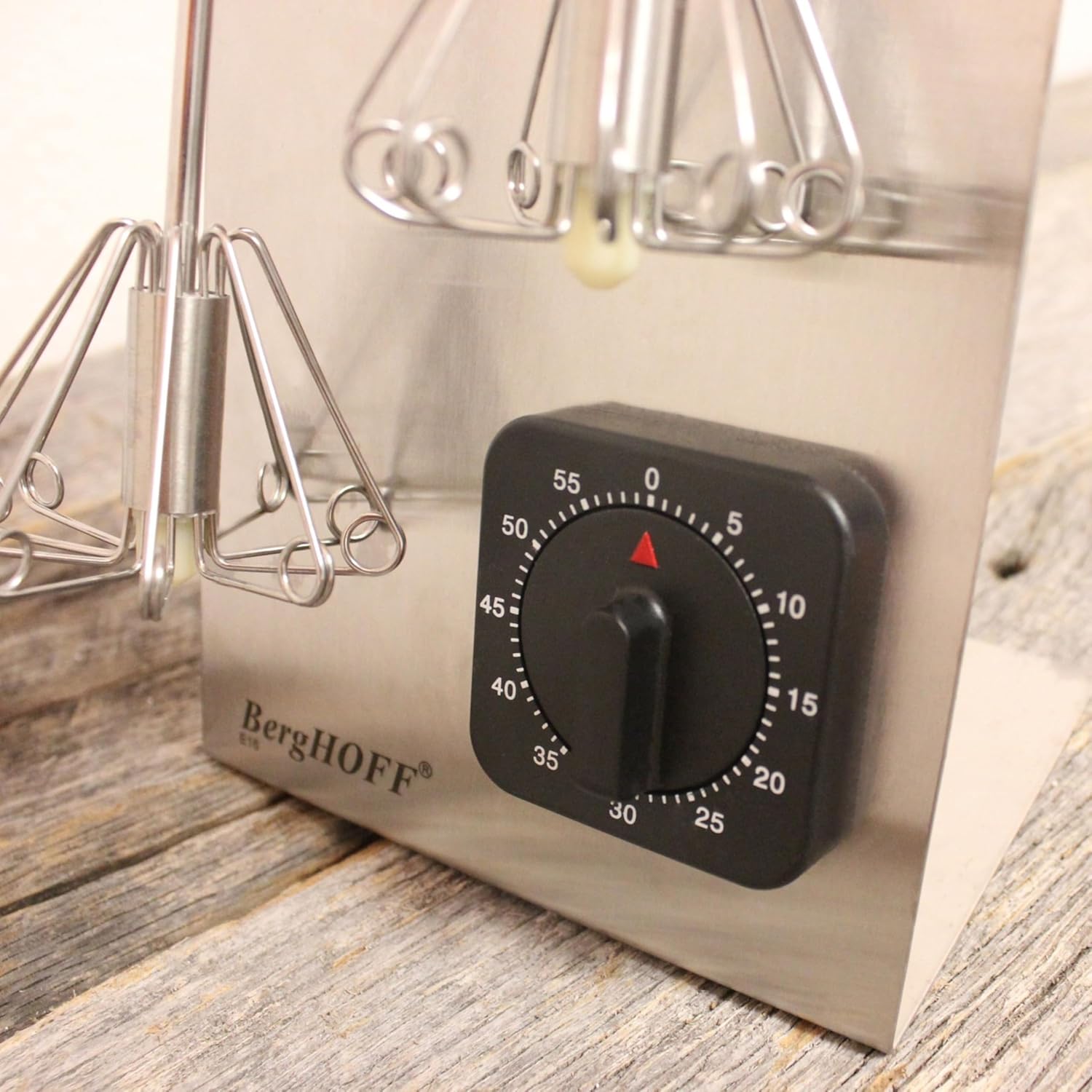 BergHOFF 18/10 Stainless Steel Set of 3Pc Whisk Stand & Timer 16.5" Silver & Red Ergonomically Designed Handle