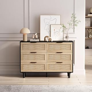 Mueble de almacenamiento de 110 cm de largo con 6 cajones de ratán, armario de almacenamiento de ratán, adecuado para dormitorios y salones, color negro