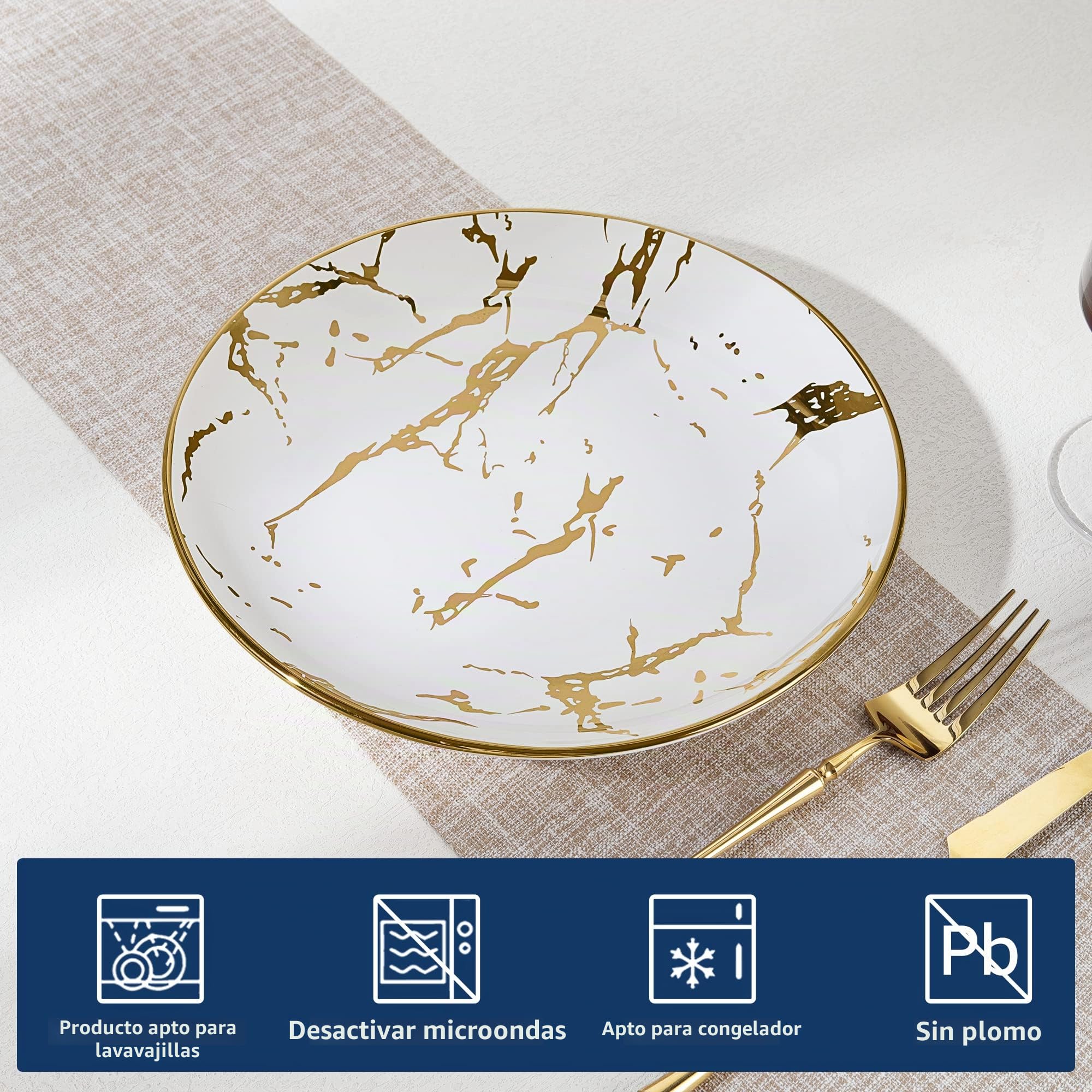 fanquare Juego de 4 Platos de Cena de Mármol Dorado de 25 cm, Platos Grandes de Cerámica, Juego de Servicio de Cena Blanco para el Hogar, Picnic