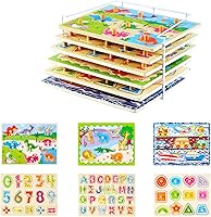 Vista 1 de Rompecabezas de madera para niños pequeños de 1 a 3: 6 rompecabezas del alfabeto y números con perillas y soporte de rompecabezas de alambre