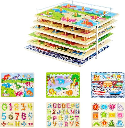 Rompecabezas de madera para niños pequeños de 1 a 3 6 rompecabezas del alfabeto y números con perillas y soporte de rompecabezas de alambre,