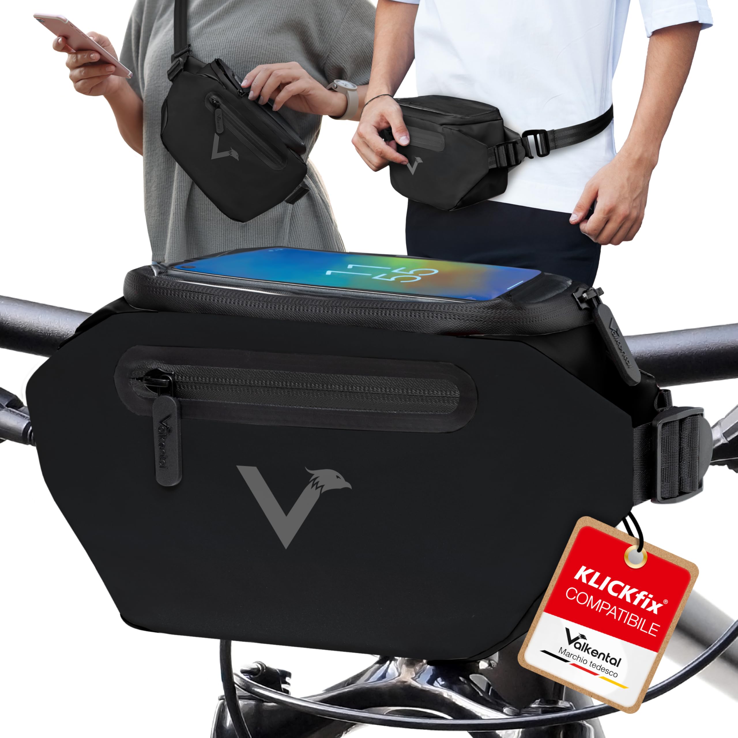 Valkental® - Sacoche de guidon pour vélo Klickfix 3-en-1 Compatible | Inclus compartiment pour téléphone portable et étanche - Convient comme sacoche de guidon et de hanche | Volume de 4L | Sacoche de