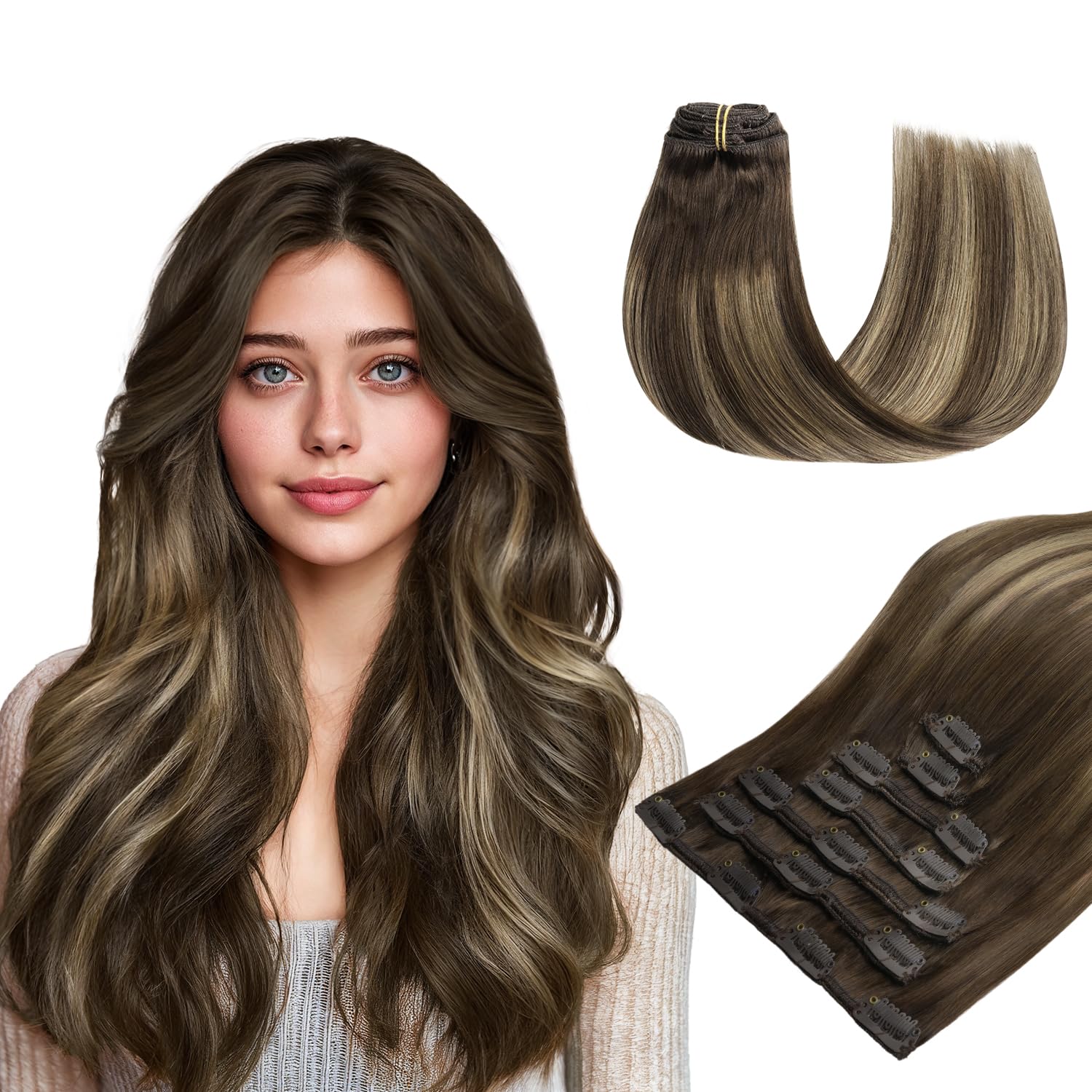 hotbanana Clip In Extensions Echthaar, Schokoladenbraun mit Honigblond 50cm 120g 7 Stück Unsichtbar Clip In Echthaar Extensions Günstig Haarverlängerung Glatt Remy Hair Extensions 20 Zoll