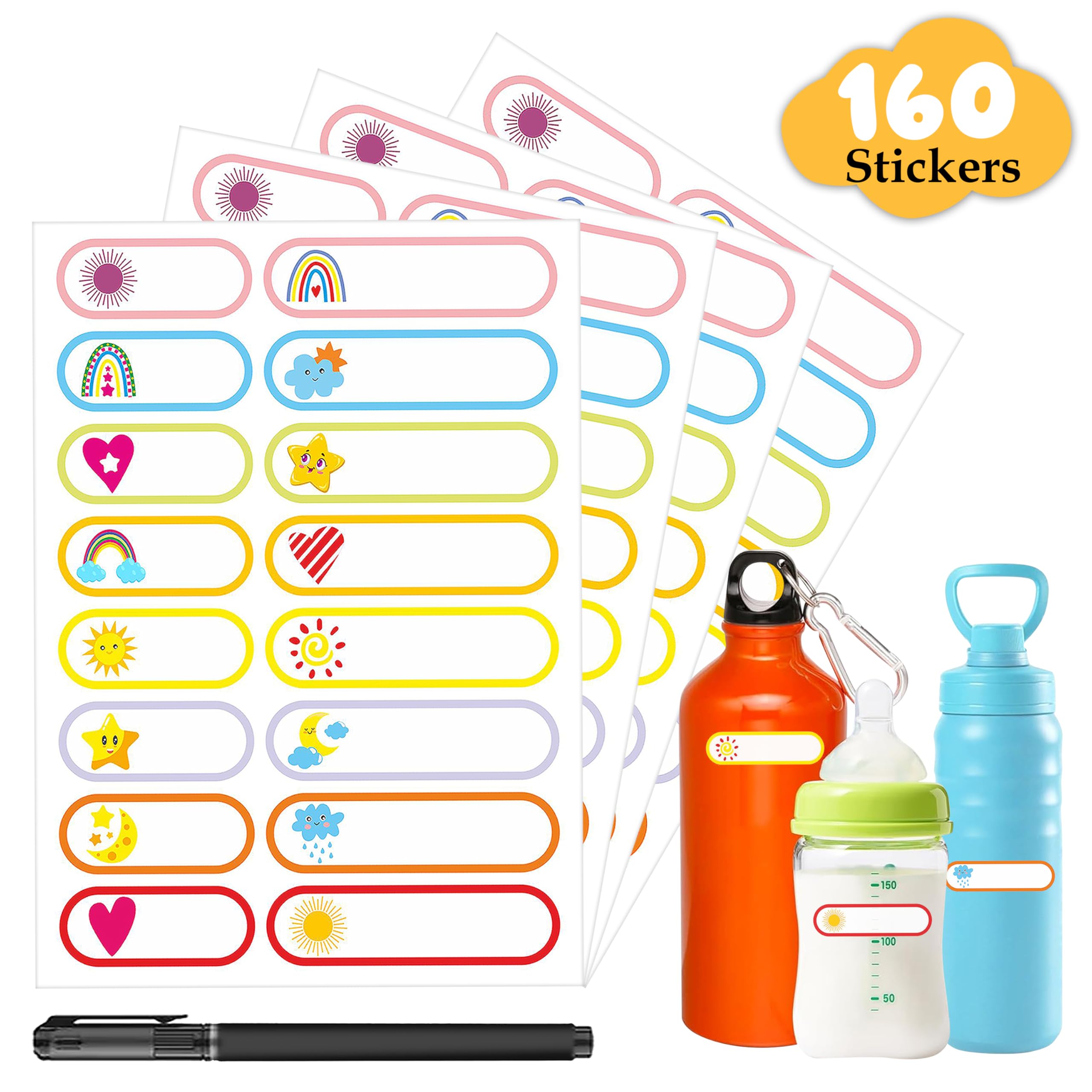 GLUN Waterproof Name Stickers, 160 Durable Labels (10 Sheets) for Baby, Kids Bottles, Lunch, Kitchen & Pantry Reusable Self-Adhesive Stickers Pack of 1, 160 Labels