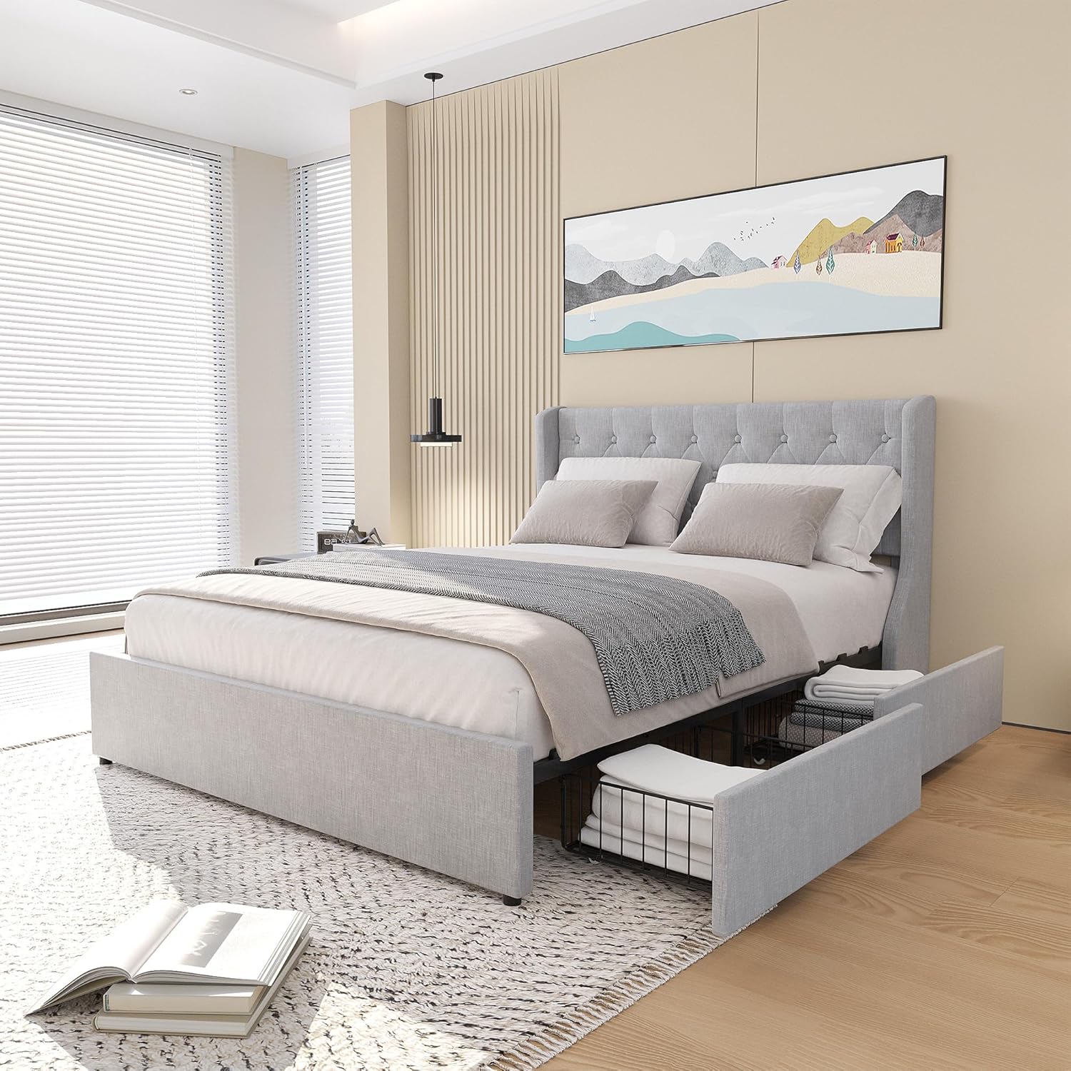 Queen Size Bed Frame with Headboard, Upholstered Bed Frame with 4 Storage Drawers, Platform Bed Frame with Drawers Underneath, Wingback Headboard No Box Spring Needed，Light Grey