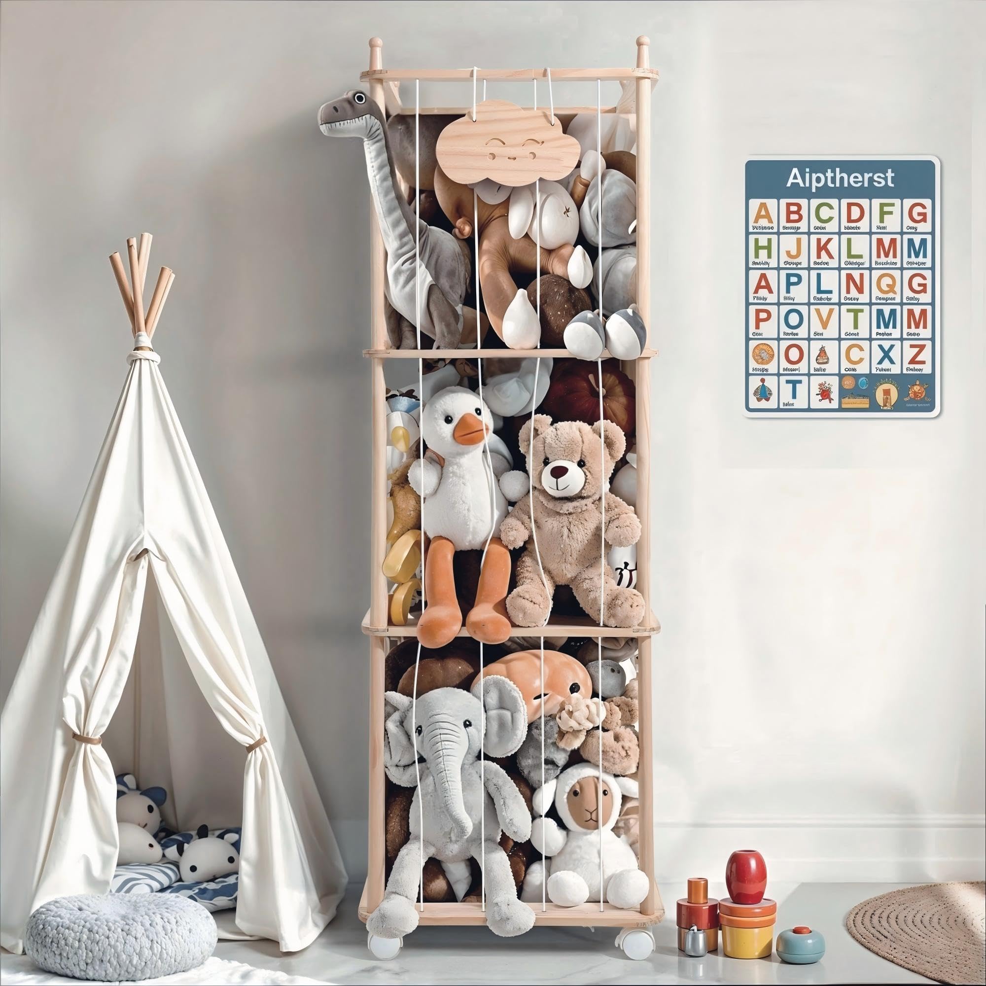 URMMIY Stuffed Animal Storage Stuffed Animal Zoo Wood Soft Toy Organizer Plush Toy Holder Nursery Room Organizer Zoo Cage, Perfect for Kids' Room, Nursery, and Playroom-54 inch