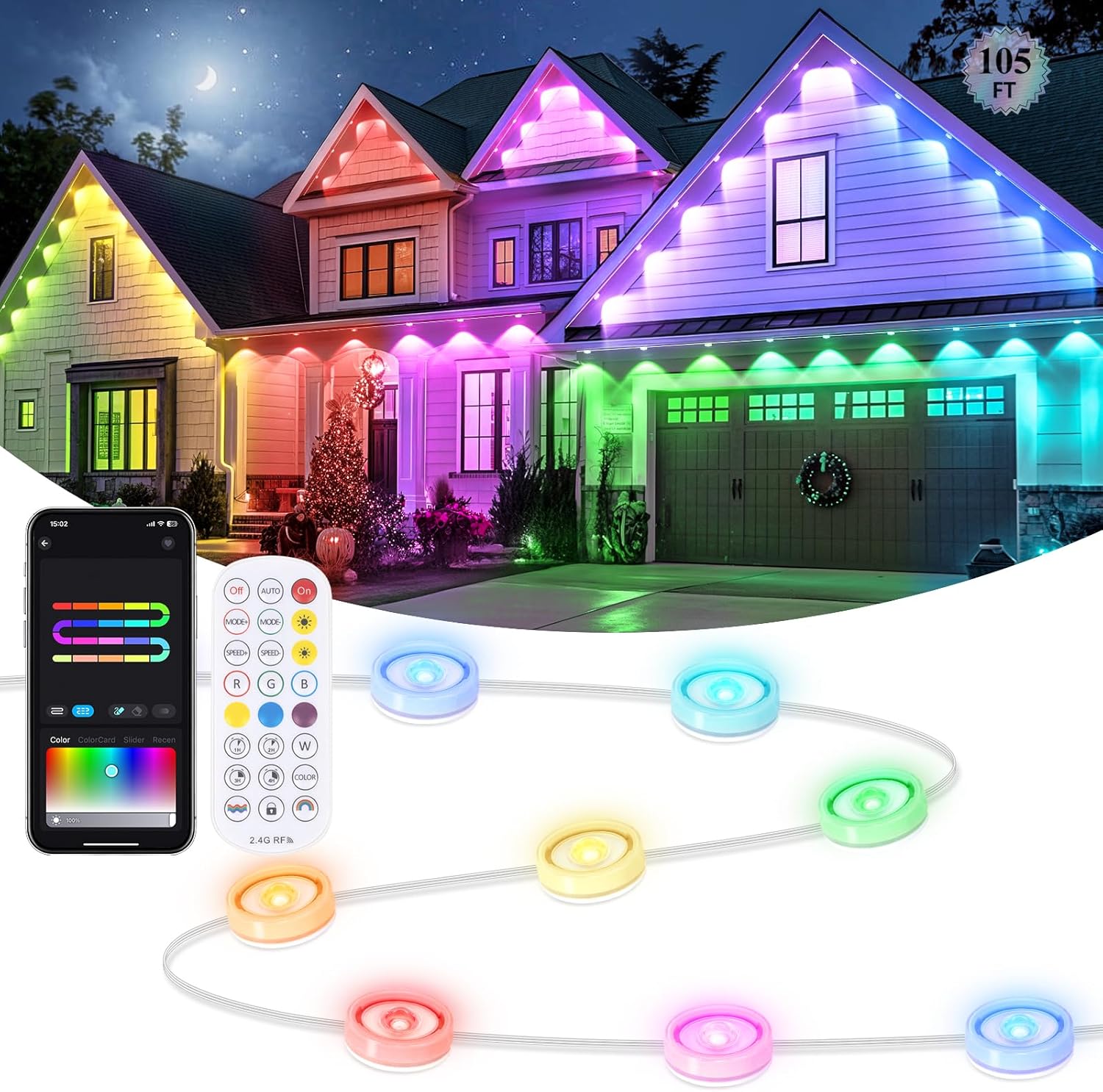 Brightever Permanent Outdoor Lights, 105FT Smart RGBIC Outdoor Christmas Light with 50 LED Eaves Lights, 90 Scene Modes, IP65 Waterproof Outdoors Decorations for House, Garden, APP/Remote Control