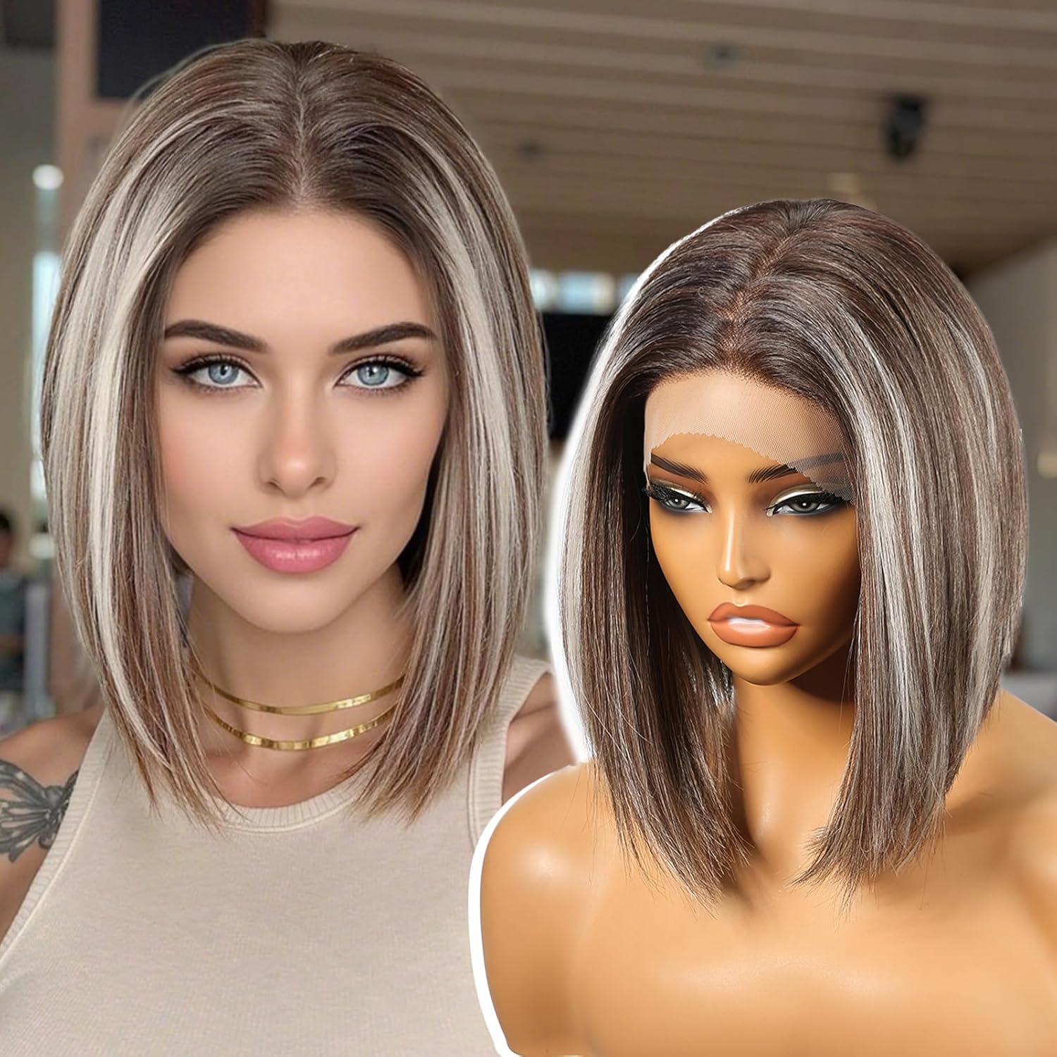 Ash Brown Synthetic Lace Front Wig,136 Short Straight Glueless Bob Wig for White Women Daily Use 10IN(TTF4/606)