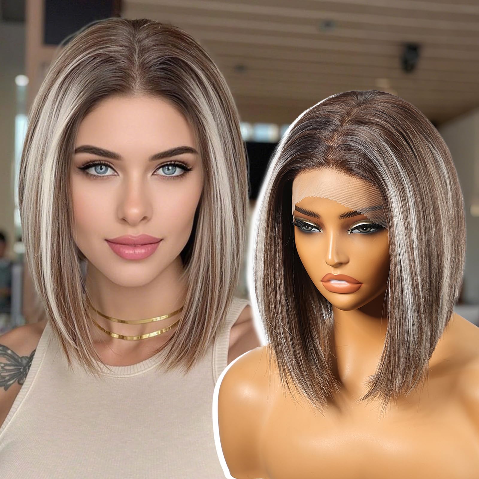 KOME Ash Brown Synthetic Lace Front Wig,13×6 Short Straight Glueless Bob Wig for White Women Daily Use 10IN（TTF4/606）