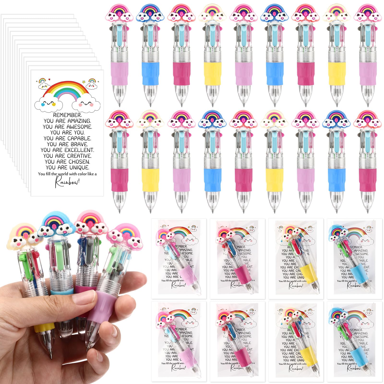 Sayglossy 24 Sets Rainbow Pens Gift Bulk, 4-in-1 Multicolor Rainbow Ballpoint Pen Favor with Positive Cards for Valentine Employee Coworker Teacher