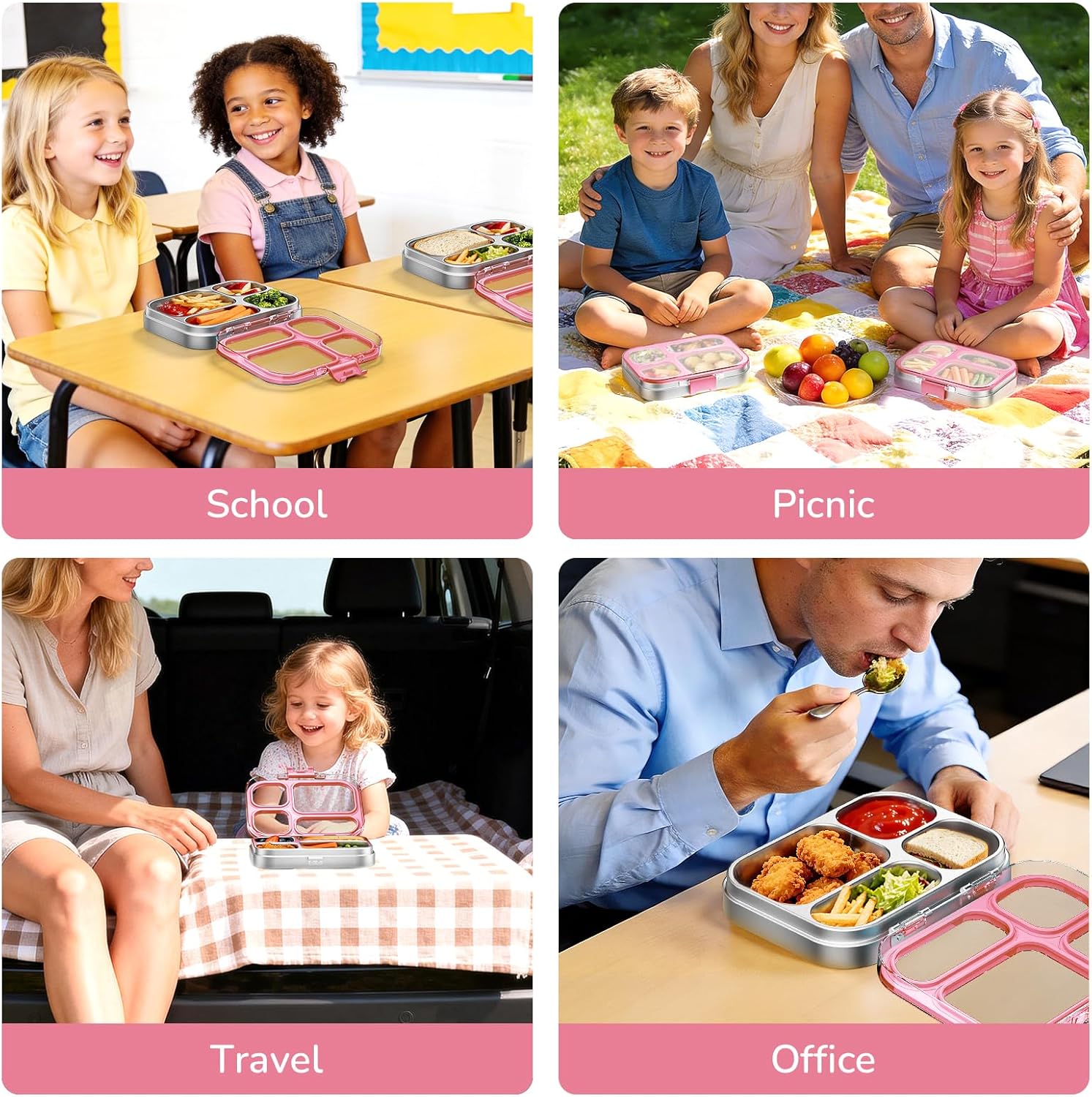 G.a HOMEFAVOR Stainless Steel Lunch Box - 4 Compartments Bento Box for Kids, Leakproof Food Container for School, Office, Dishwasher Safe, BPA-Free, 27 oz, Pink