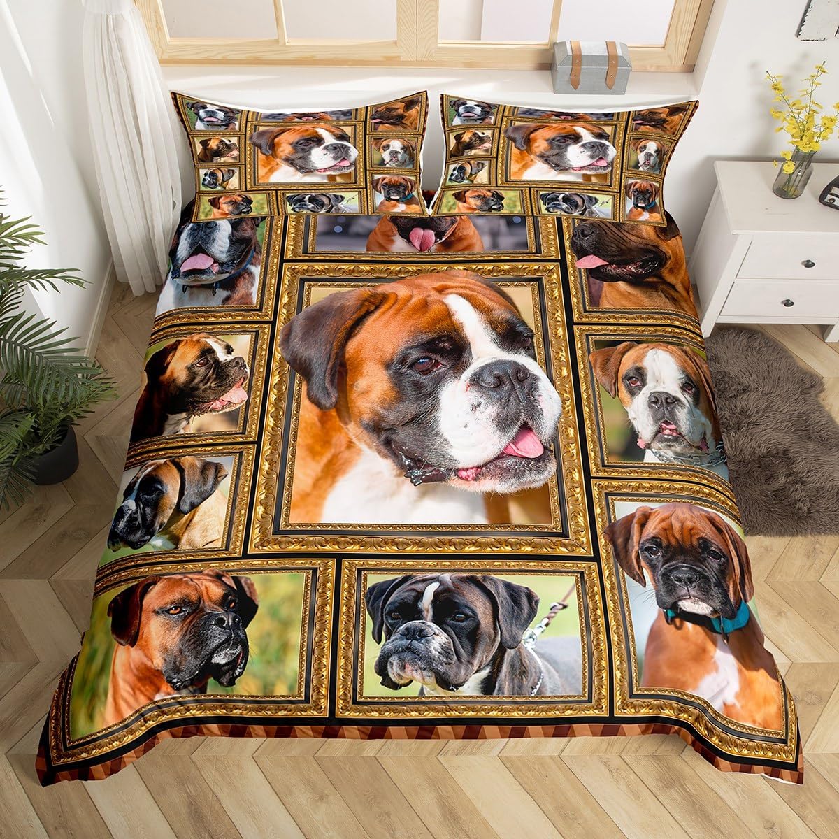 Feelyou Boxer Dog Bedding Set Queen Size - Cute Puppy Comforter Cover for Kids, Teens, Adults - Lover Gift Duvet Cover, Bedspread, Room Decor - 3Pcs With 2 Pillow Cases
