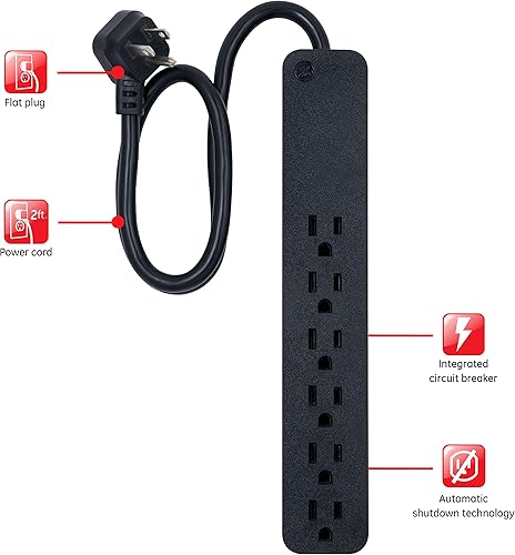 Miniatura 3 de GE home electric GE 62692 Protector SurGE de 6 tomas, cable de extensión trenzado de 4 pies, 840 julios, enchufe plano, certificación UL, negro