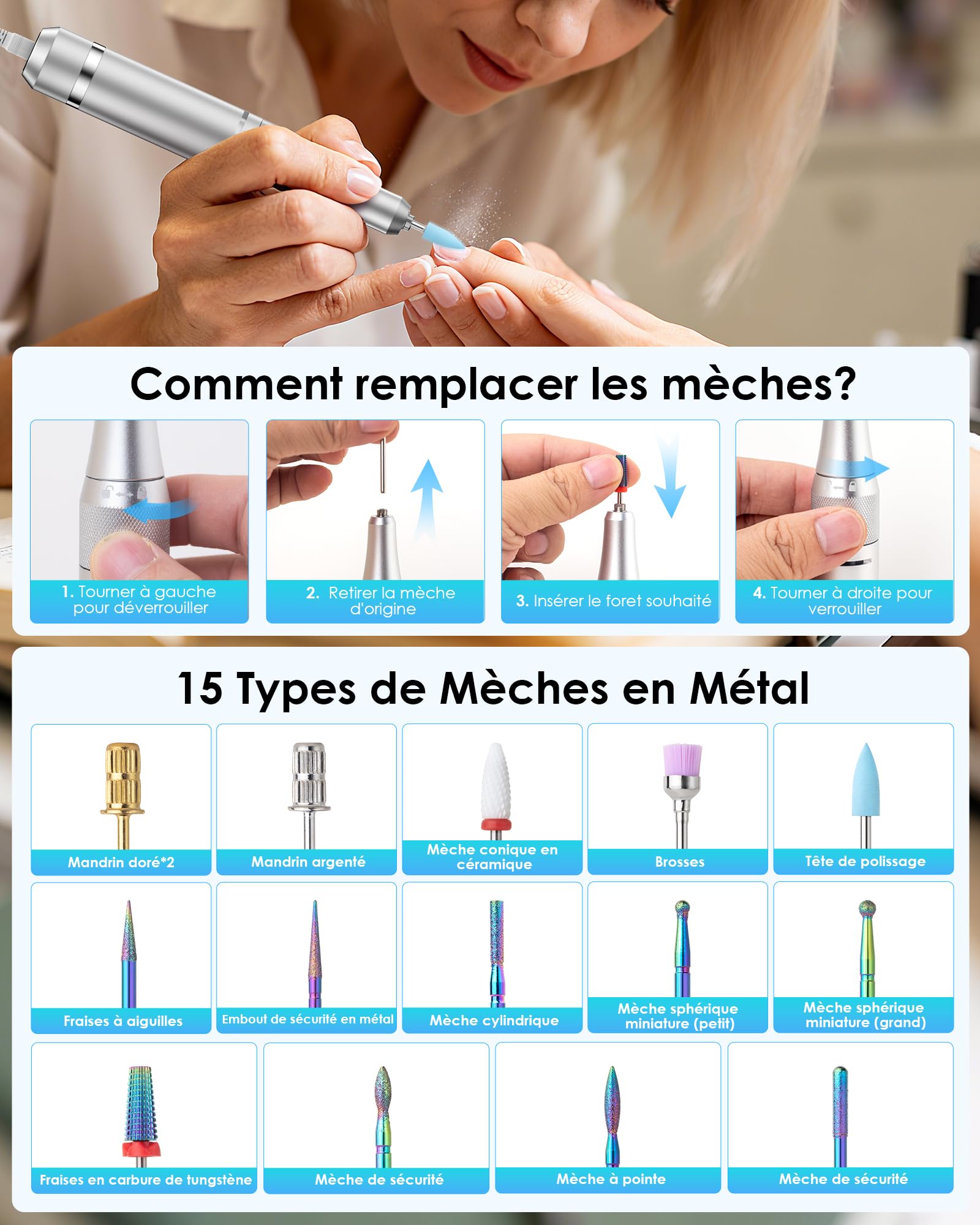 Heypappy Ponceuse Pour Ongles, Ponceuse Pour Ongles,Portable Réchargeable | 40000 RPM,16 En 1 Avec Écran LED, Kit De Manucure Pédicure Vitesse Réglable Pour Salon De Beauté & Maison