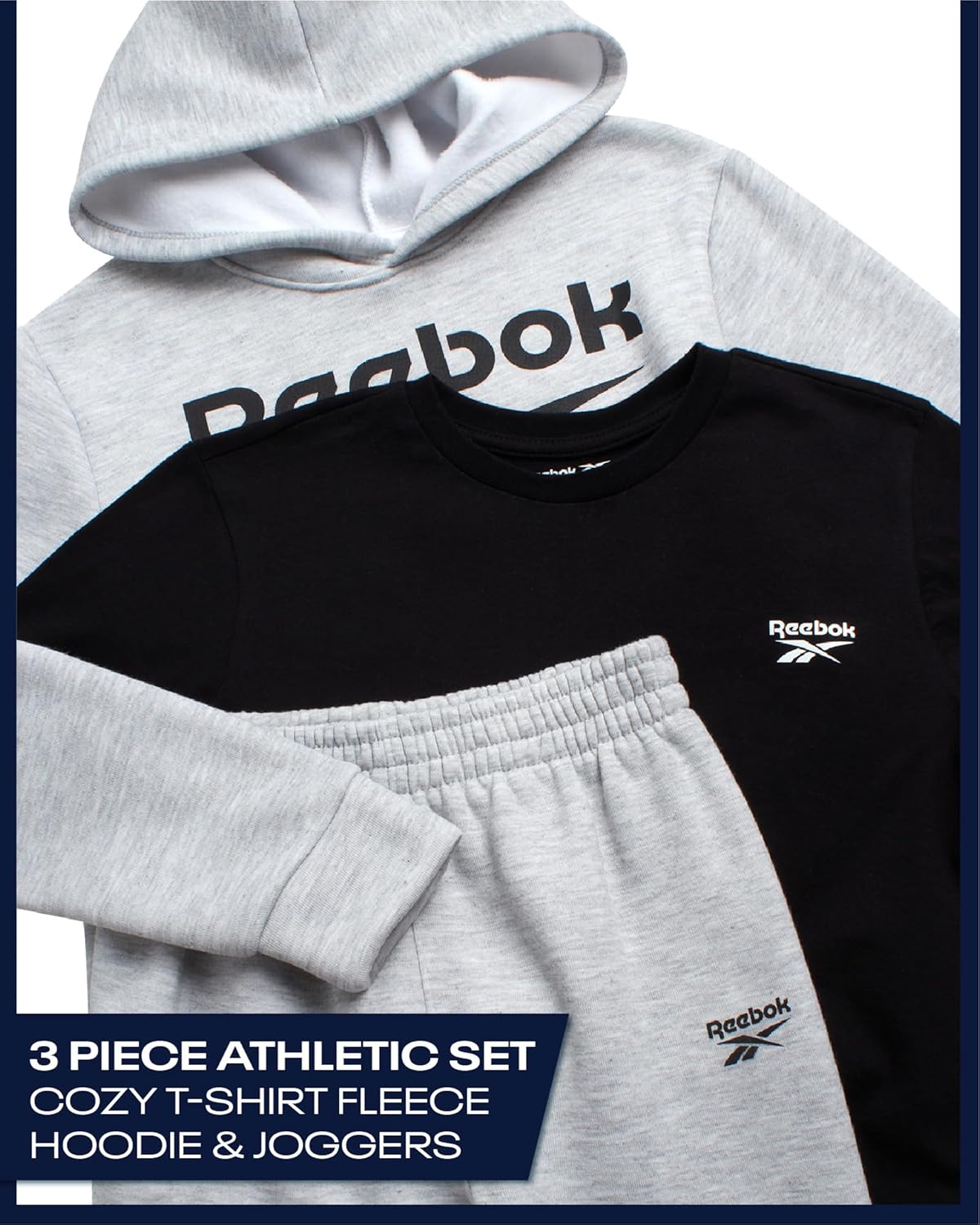 Reebok Boys Sweatsuit Set - 3 Piece Athletic Jogger Set with Fleece Pullover Hoodie Sweatshirt, Sweatpants & T-Shirt for Boys