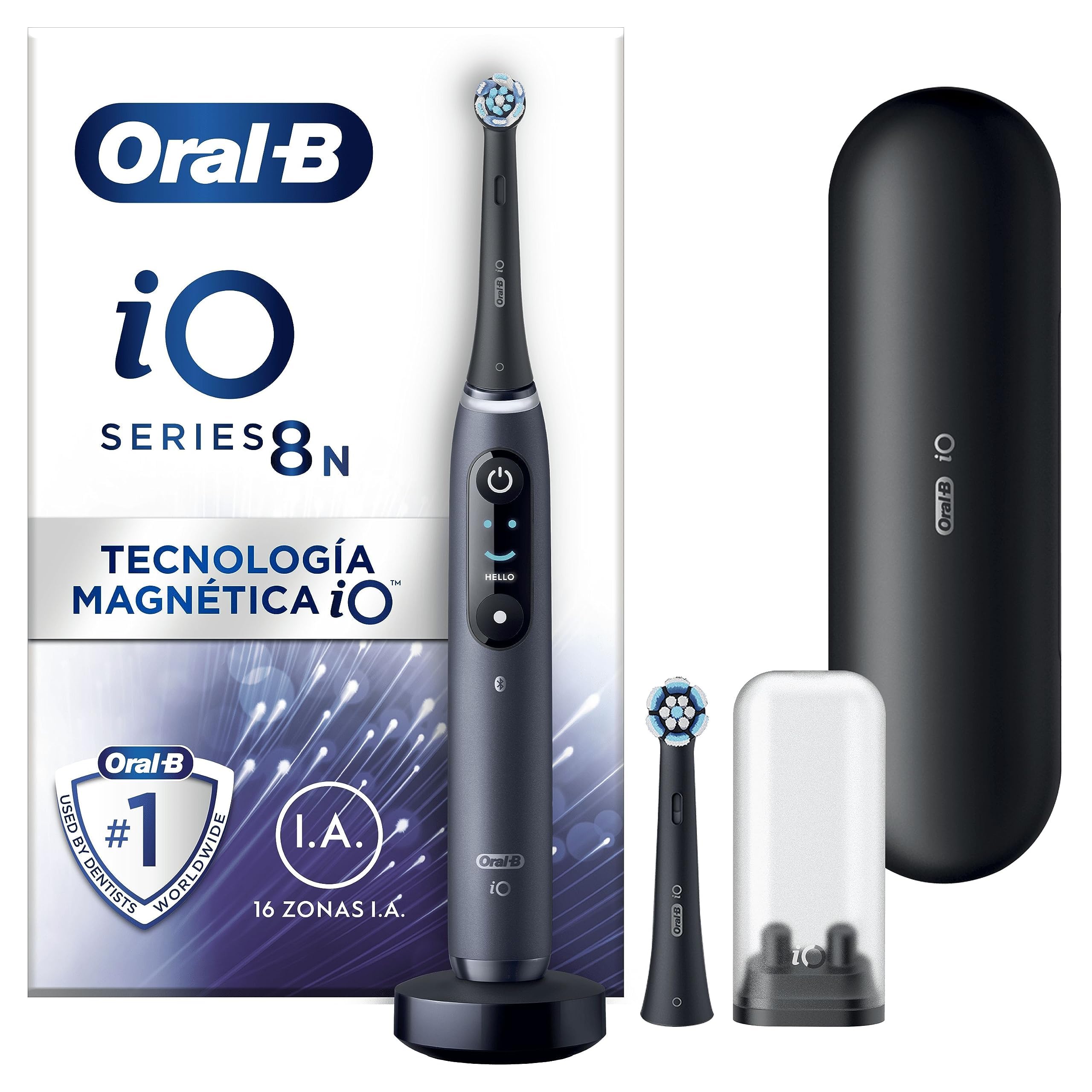 Oral-B iO 8N Cepillo de Dientes Eléctrico con 2 Cabezales y 1 Estuche de Viaje, Diseñado por Braun, Regalos Orginales - Negro